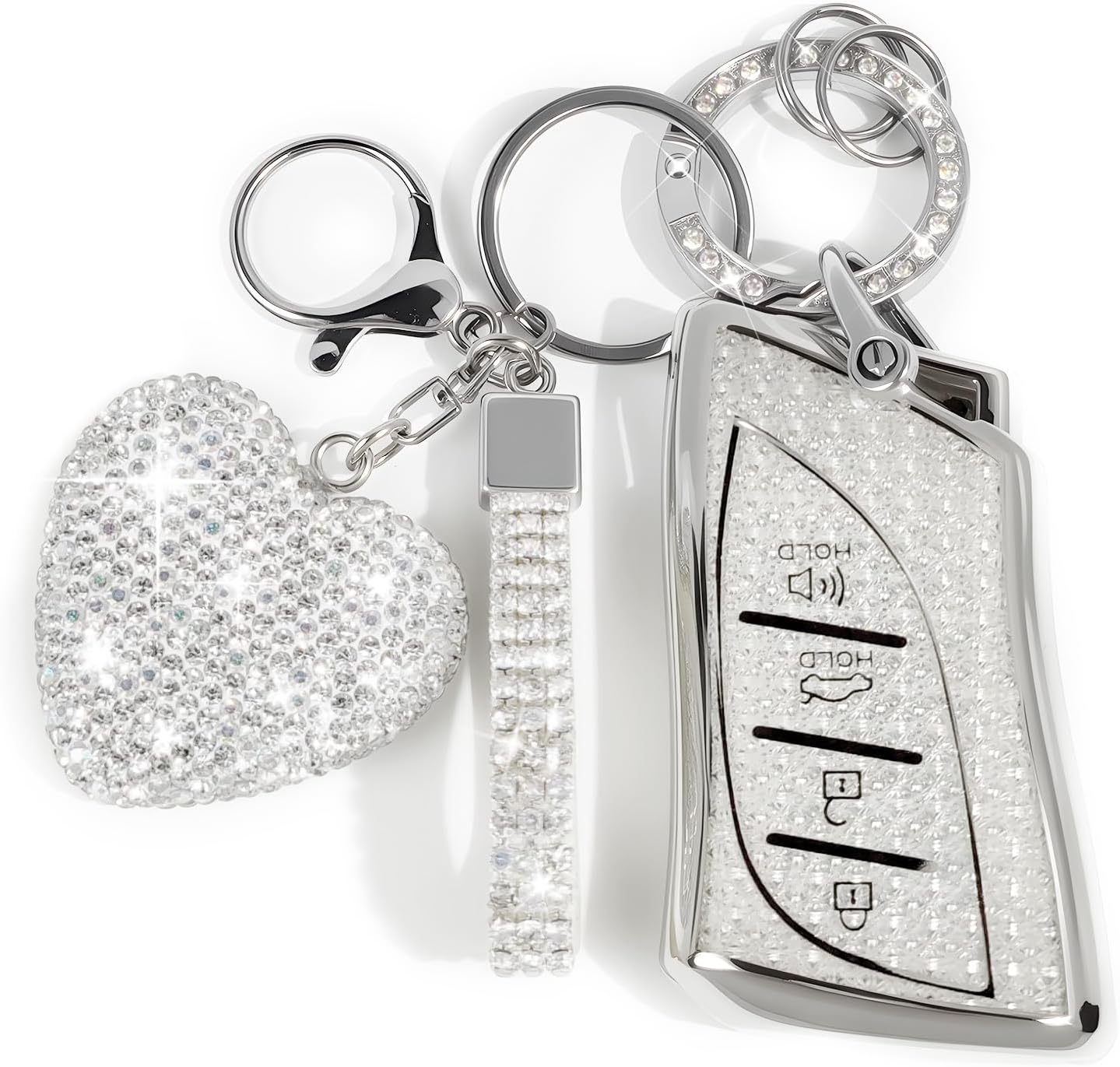 Key Fob Cover with Diamond Bling Keychain, Compatible with Lexus LS LC ES RX NX LX GX TX Series 2018-2026, TPU Smart Key Case and Rhinestone Heart for Women (Silver)
