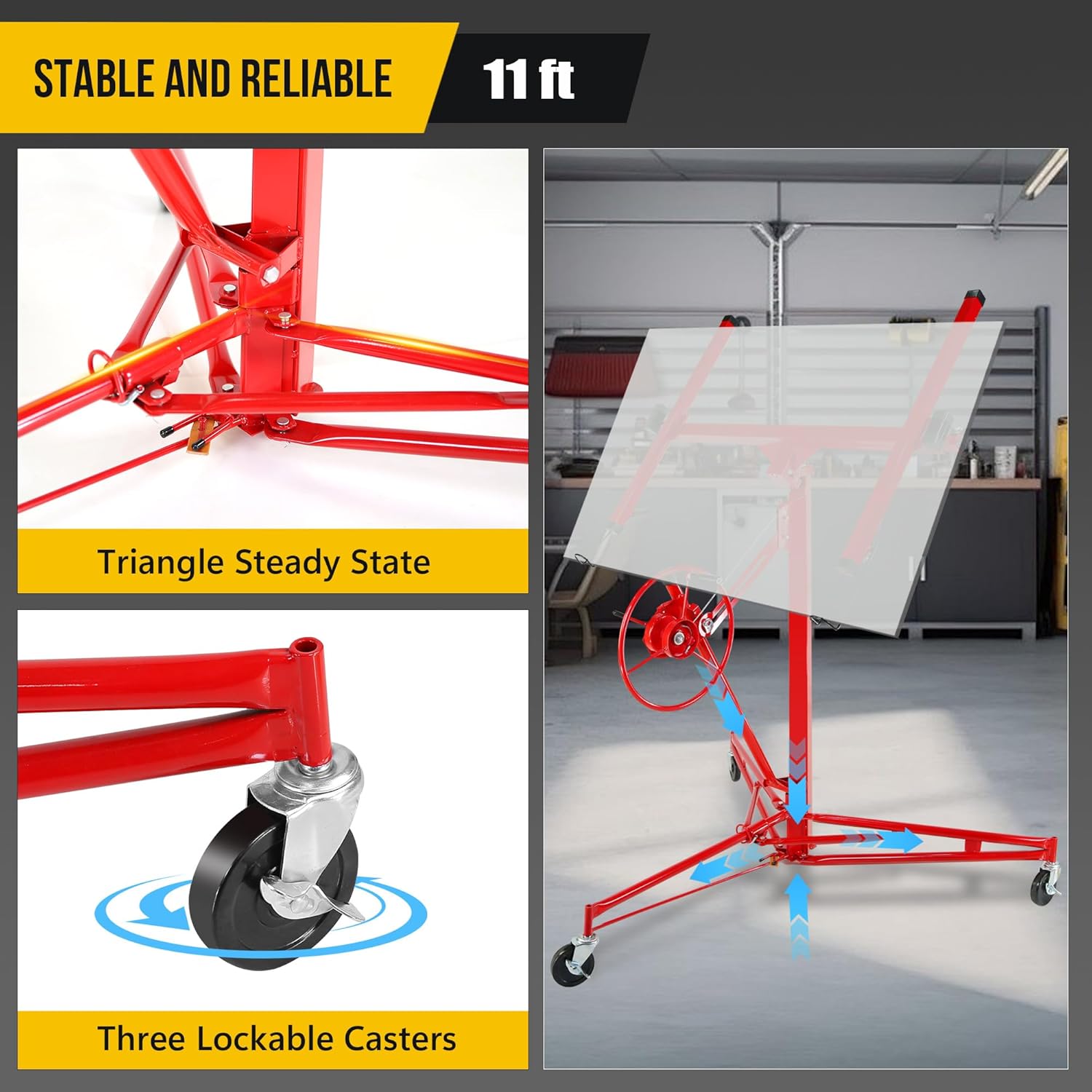 Drywall Lift 11FT, 150lb Capacity Heavy Duty Sheetrock Hoist w/Telescopic Arm & Locking Wheels, Steel Panel Lifter for Ceiling, Construction, One-Person Drywall Installation