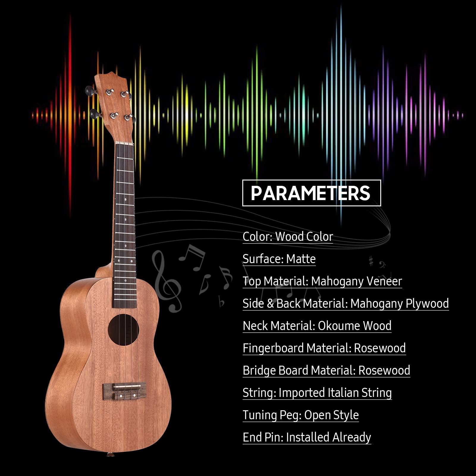 Ukulele Soprano 23 Pollici Impiallacciato 4 Corde Chitarra Hawaii con Lati in Mogano e Tastiera in Palissandro Tocco Confortevole Prestazioni Eccellenti Ideale per Pri