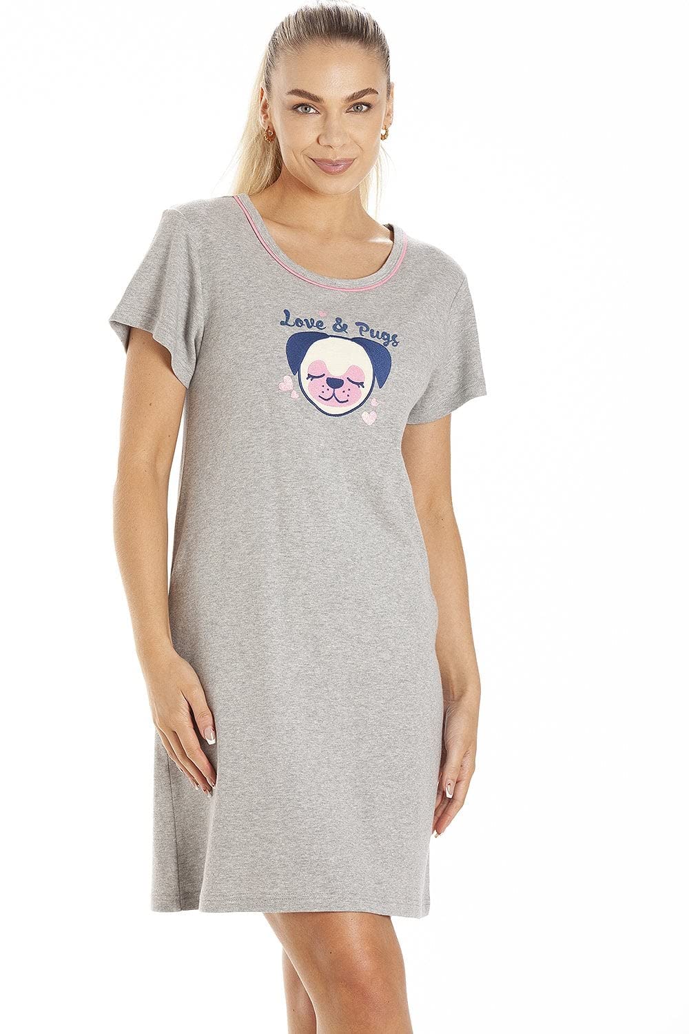Camille Women's Grey 100% Cotton Short Sleeved Pug Dog Or Cat Nightdress - Knee Length Nighties For For Your Summer Nightwear 16-18