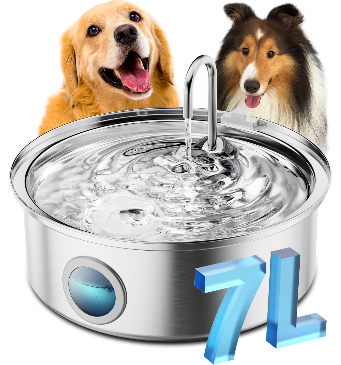 oneisall 7L Trinkbrunnen für Hunde, Edelstahl Hundebrunnen mit großem Sichtfenster, Wasserspender mit LED-Licht, Ultraleiser Pumpe mit Überlastschutz, 5-Schicht Filtration