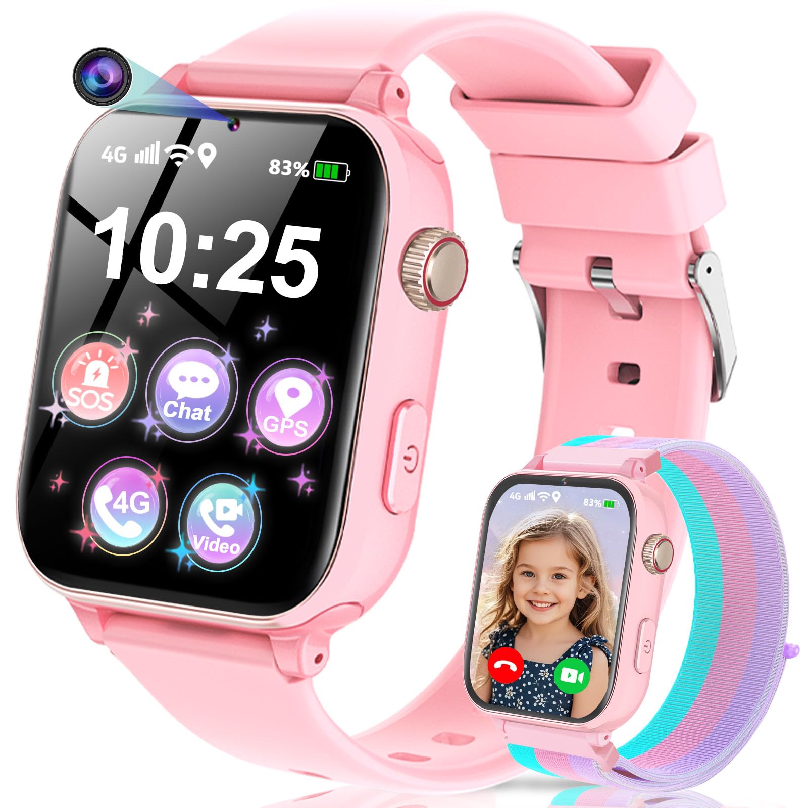 4G Reloj Inteligente Niño, Smartwatch Niños con GPS y Teléfono, Videollamadas, Chat de Voz, SOS, Modo Escuela, Despertador, Juegos, Podómetro, Reloj Inteligente Niños Niñas 5 a 16 años Regalo, Rosa