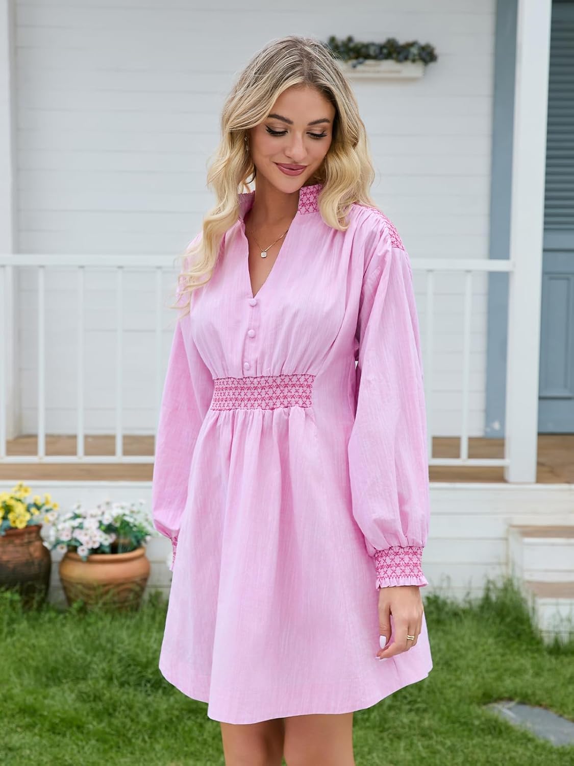 Womens Embroidered Shirt Dress Fall Oversized Long Sleeve Casual V Neck A Line Mini Dress - Image 2