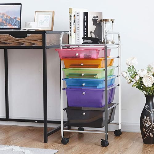 Miniatura 6 de Happygrill Carrito organizador de 6 cajones, carrito de almacenamiento móvil con cajones extraíbles y ruedas bloqueables, carrito de almacenamiento