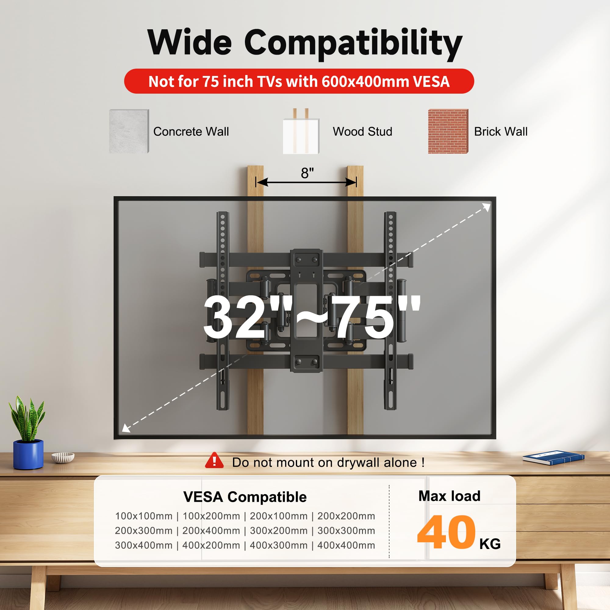 XINLEI MAUS02LITE MAUS02LITE - Supporto da parete per TV da 32-65 pollici, orientabile e inclinabile, con 6 bracci articolati, VESA max 400 x 400 mm, capacità massima 40 kg, compatibile con montanti