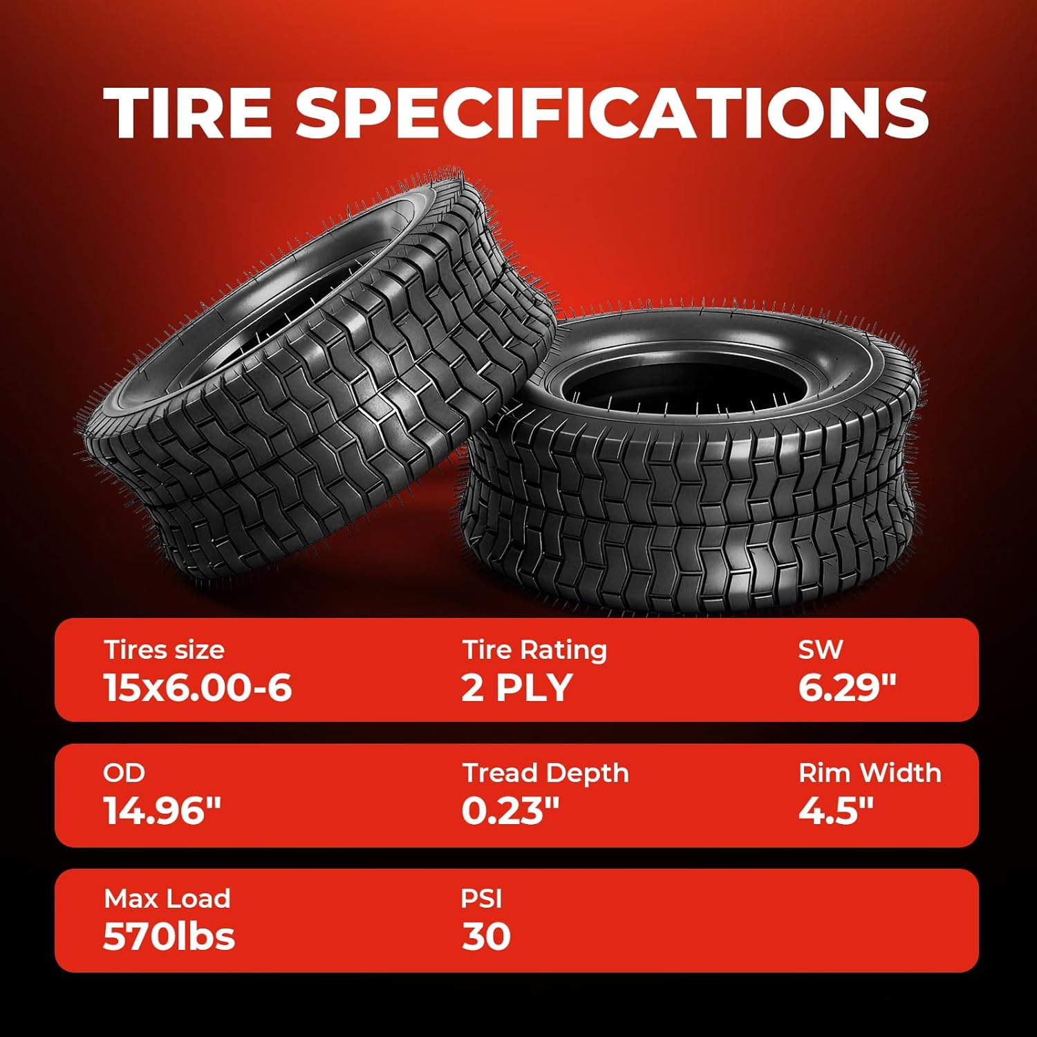 2 Pcs 15x6.00-6 Mower Turf Tires 15x6x6 Tires for Tractor Lawn Mower Riding Zero Turn Mower Tire,Tubeless 2PLY/2PR