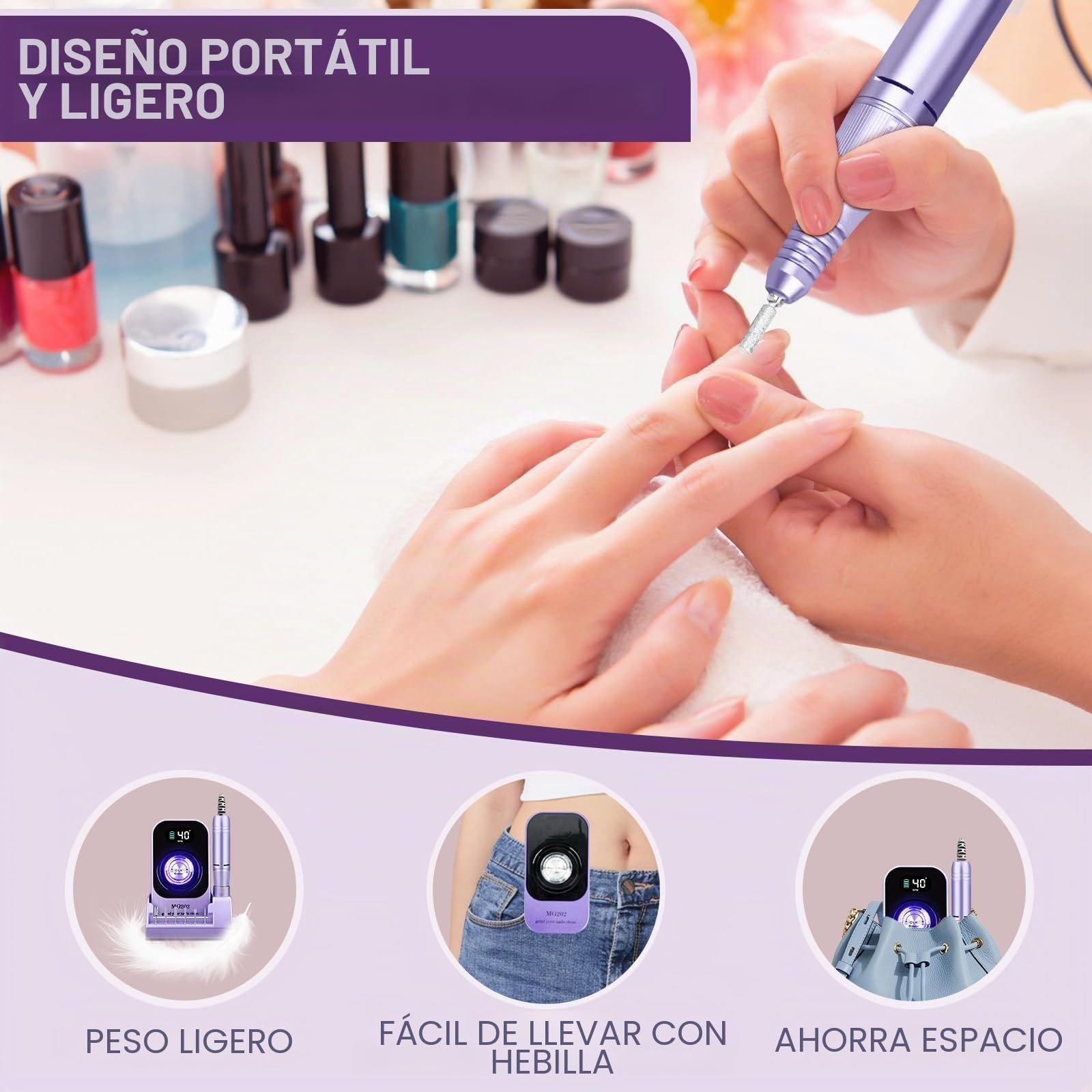 Taladro de uñas profesional 40000 RPM, Urbuti 12 en 1 Lima de uñas eléctrica 4000 mAh con pantalla LCD, velocidad ajustable, silencioso, taladro de manicura portátil para salón/hogar (púrpura)