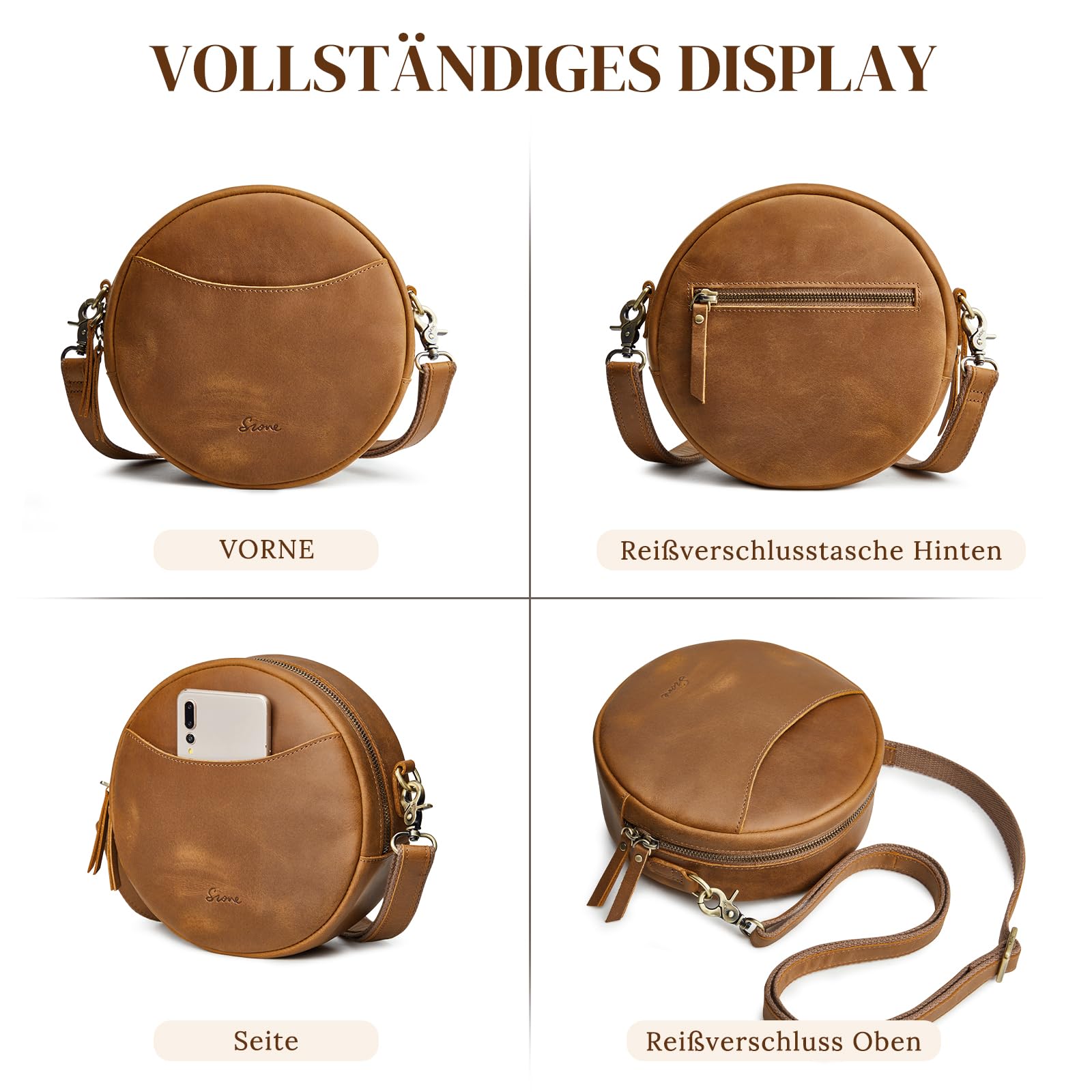 S-ZONE Damen Leder Umhängetaschen Trendige Runde Shopper Schultertasche Runde Designer Geldbörsen Datingstasche Tragetasche