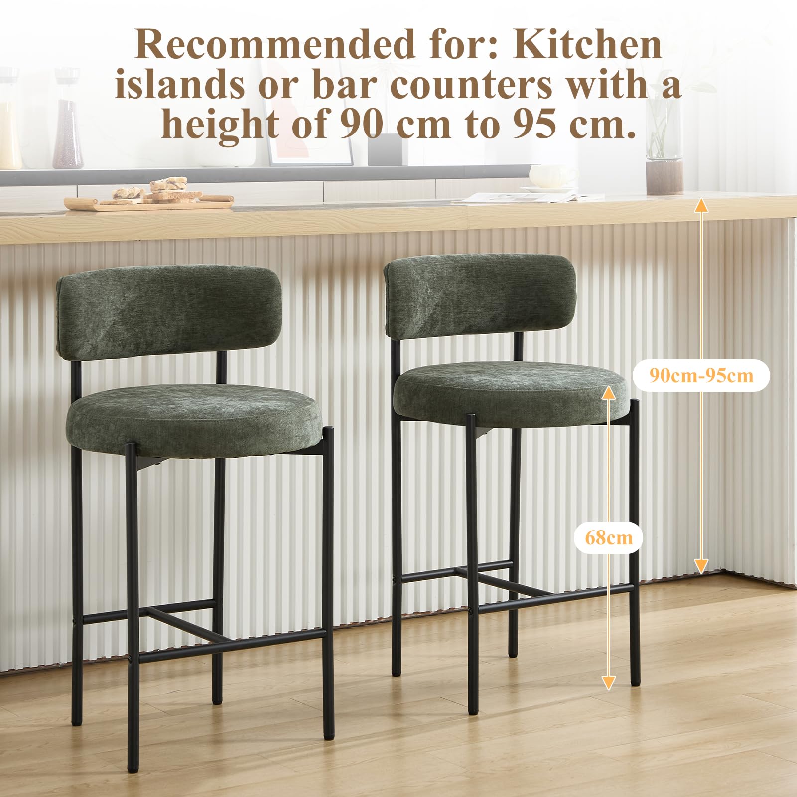 Set di 2 Sgabelli da Bar Sgabelli da Bancone in Chenille con Gambe Metalliche,Sgabelli Cucina Stile industriale con Poggiapiedi in Metallo,Verde