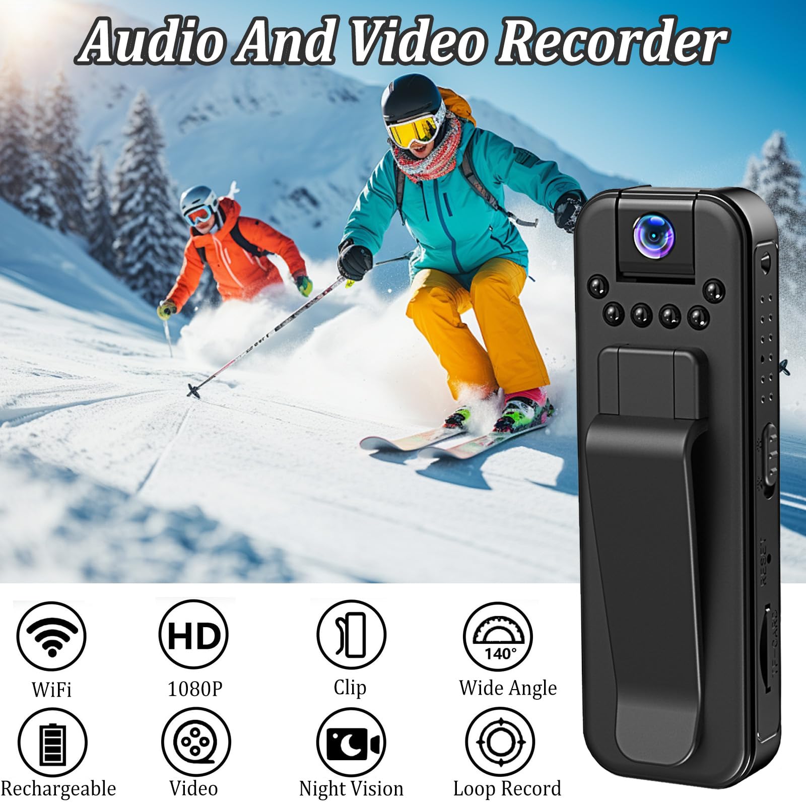 Bodycam - Cámara corporal de 1080P con tarjeta TF de 32 GB y objetivo giratorio de 180°, grabación de audio y vídeo, cámara de bolsillo portátil con visión nocturna para viajes y actividades al aire