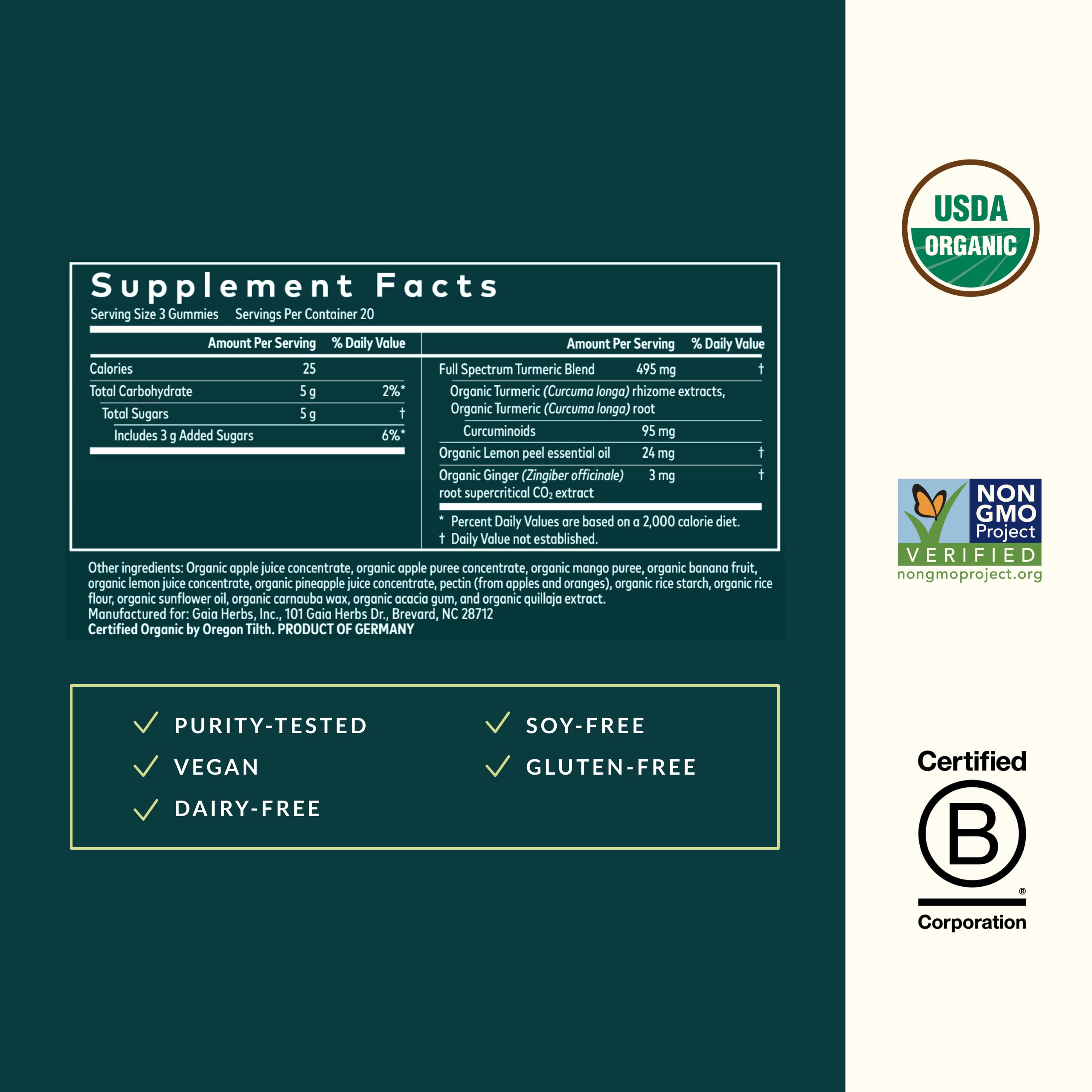 Gaia Herbs Turmeric Supreme Gummies Extra Strength - Supports Healthy Inflammatory Response in Healthy Individuals* - Lemon Ginger Flavor - 60 Vegan Organic Gummies (20 Servings)