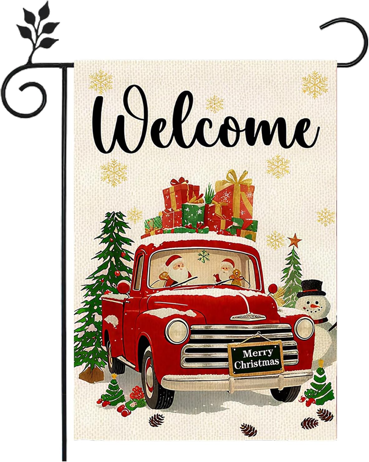 Christmas Truck Small Decorative Garden Flag,12x18 Inch Double Sided Outside Farmhouse Yard Lawn Outside Decor, Winter Holiday Burlap Outdoor Home Decoration Flag