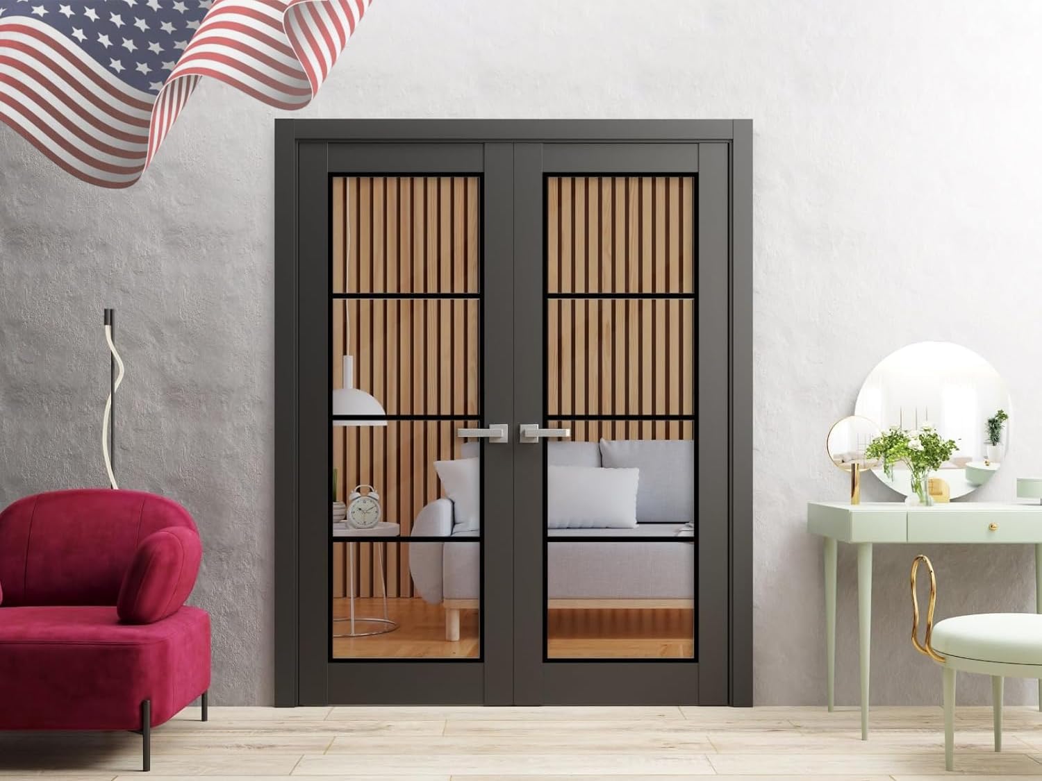 SARTODOORS Lucia 2466 | Double Swing Interior French Doors with Glass, Solid Wood, Hardware Included, 72x80, Black, Modern