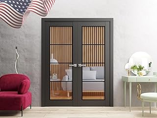 SARTODOORS Lucia 2466 | Double Swing Interior French Doors with Glass, Solid Wood, Hardware Included, 60x80, Black, Modern