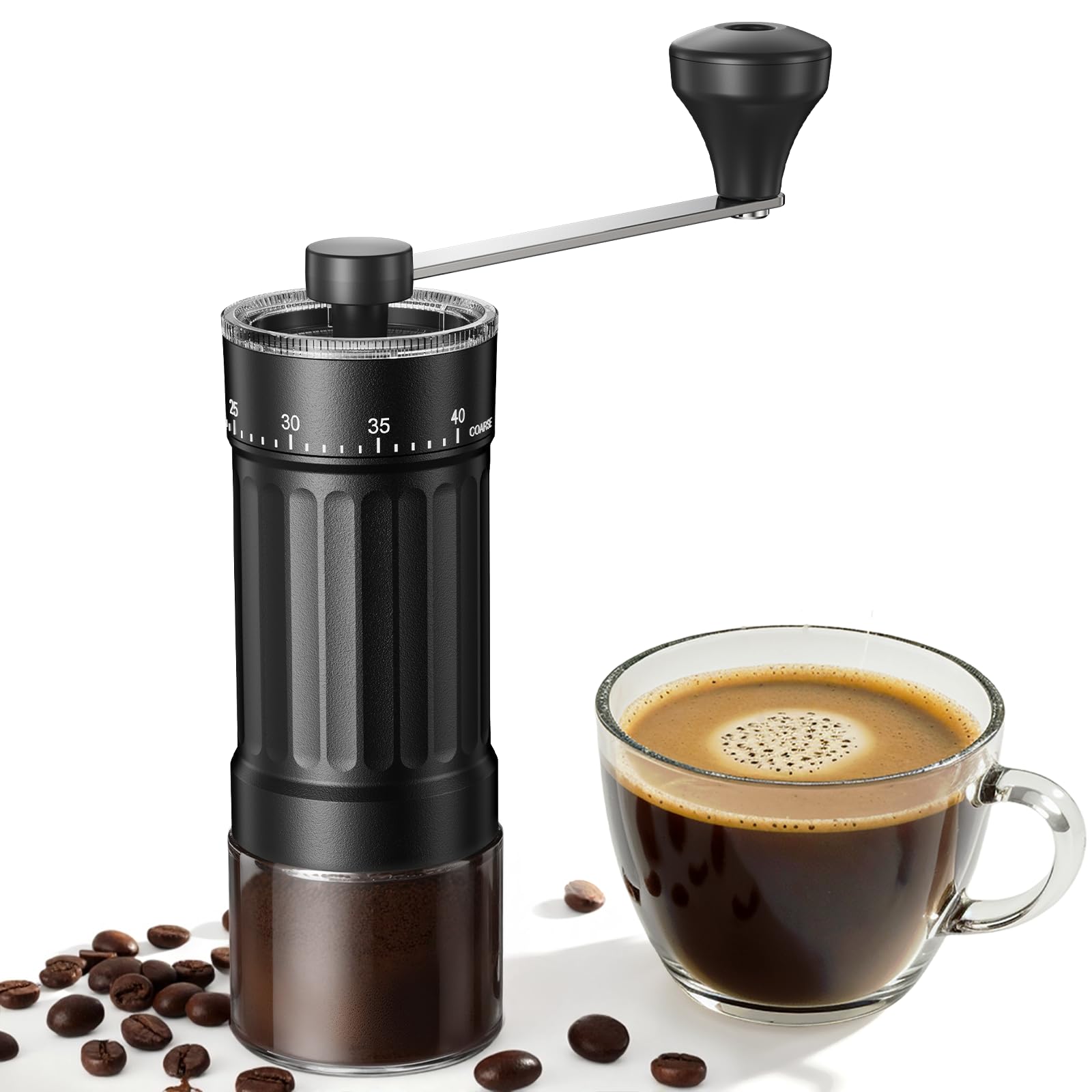 CEVING mini molinillo de café manual, 40 ajustes de molienda, negro | Molino de café portátil con muela cónica de cerámica, capacidad 30g, ideal para viajes, camping, prensa francesa y filtrado
