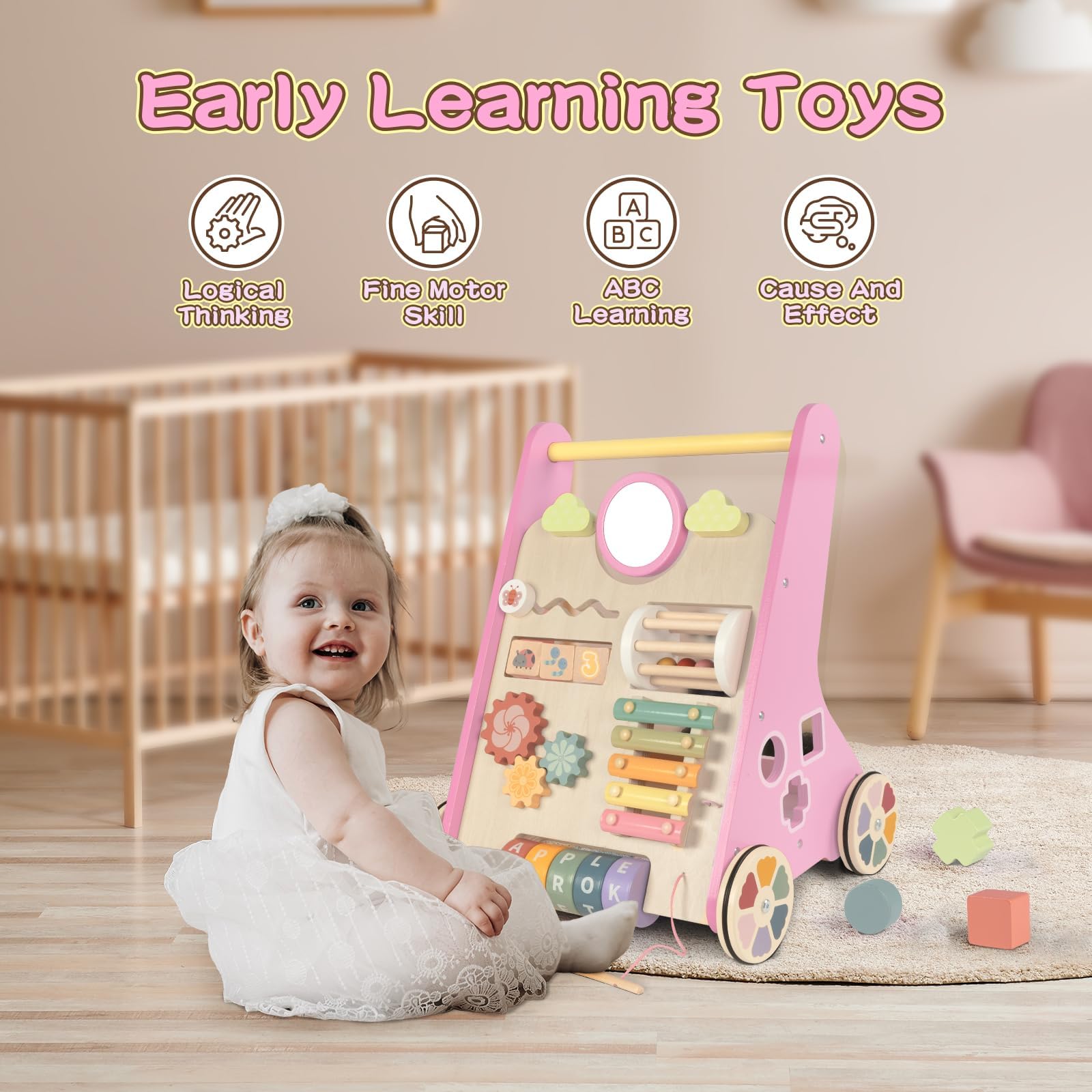 LOL-FUN Lauflernwagen Holz mit Spiel, Lauflernhilfe für Baby ab 1 Jahr Rosa | Lauflernhilfe mit Motorikspiel, Multi Aktivitäten Spielzeug für 1 Jahr Jungen Mädchen