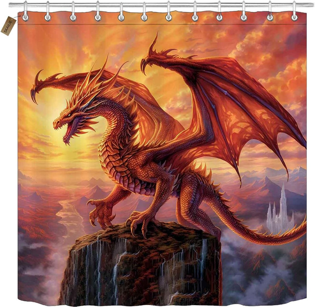 4PCS Red Dragon Shower Curtain Set, Medieval Mythical Creature Cool Fantasy Dragon Bathroom Decor for Boys Kids, Waterproof Fabric Shower Curtain, Non-Slip Bath Mats Toilet Rugs