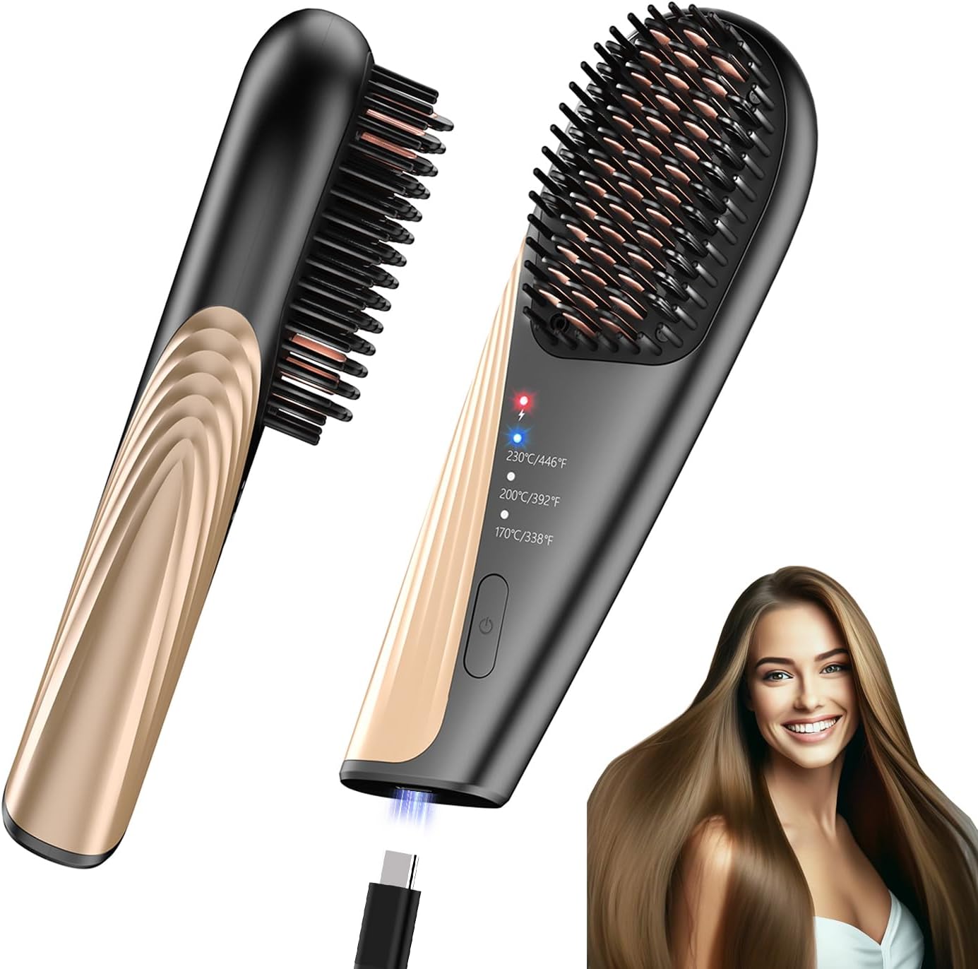 Cordless Hair Straightener Brush: Portable Straightening Brush for Travel - 10000mAh USB-C Rechargeable, 30s Quick Heating,150 Million Negative Ions, Heated Straightening Comb for Women