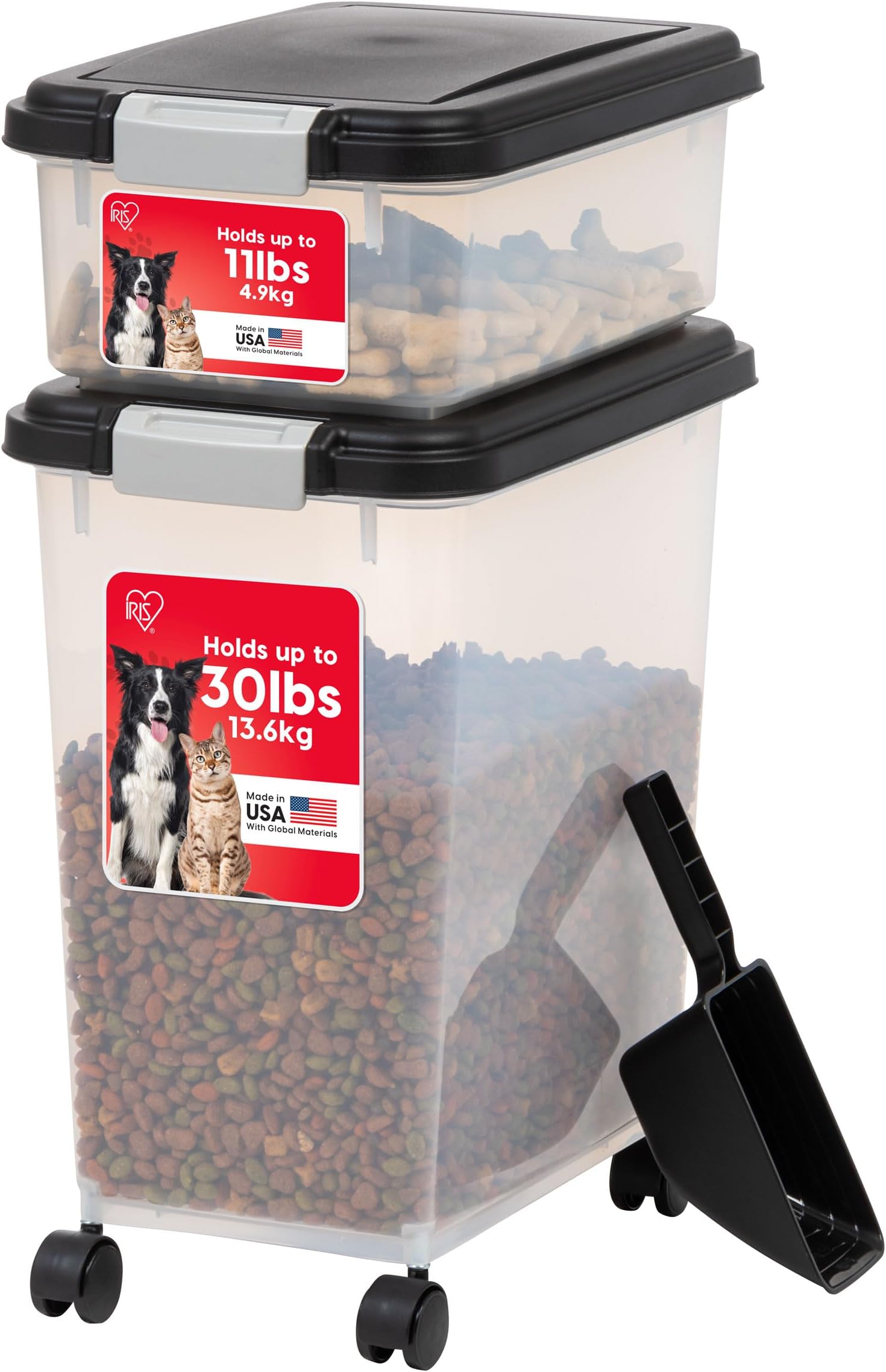 Dog Food Storage Container 30 lb + 11lb Airtight Combo, Stackable Pet Food Storage Bin with Wheels for Cat Dog Food, BPA Free, Made in USA, Black