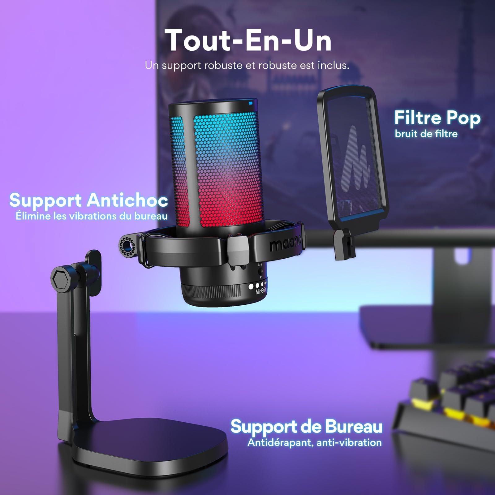MAONO Micro Gaming RGB, Condensateur Microphone Antibruit pour Streaming Podcast Studio, Microphone USB pour PS5/PS4/Mac avec Éclairage RGB Contrôlable, Sourdine à Une Touche, Contrôle du Gain, DGM20