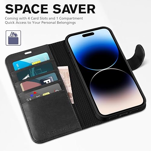 Miniatura 7 de TUCCH Funda tipo cartera para iPhone 14 Pro Max, bloqueo RFID 4 tarjeteros funda interior de TPU a prueba de golpes Funda protectora magnética de
