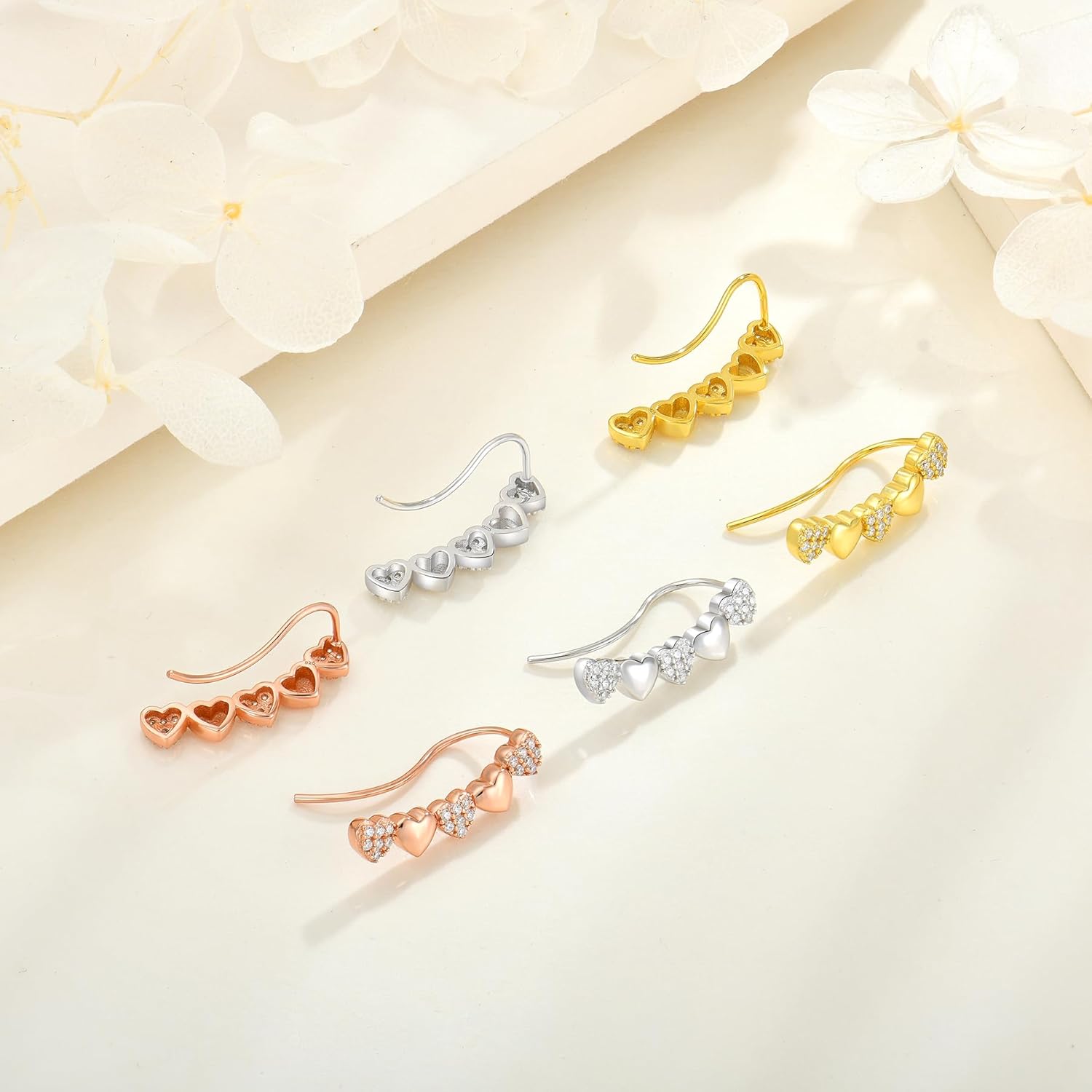 Heart Climber Earrings for Women 925 Sterling Silver White/Yellow/Rose Gold Plated Cubic Zirconia Ear Crawler Earrings Jewelry - Image 3