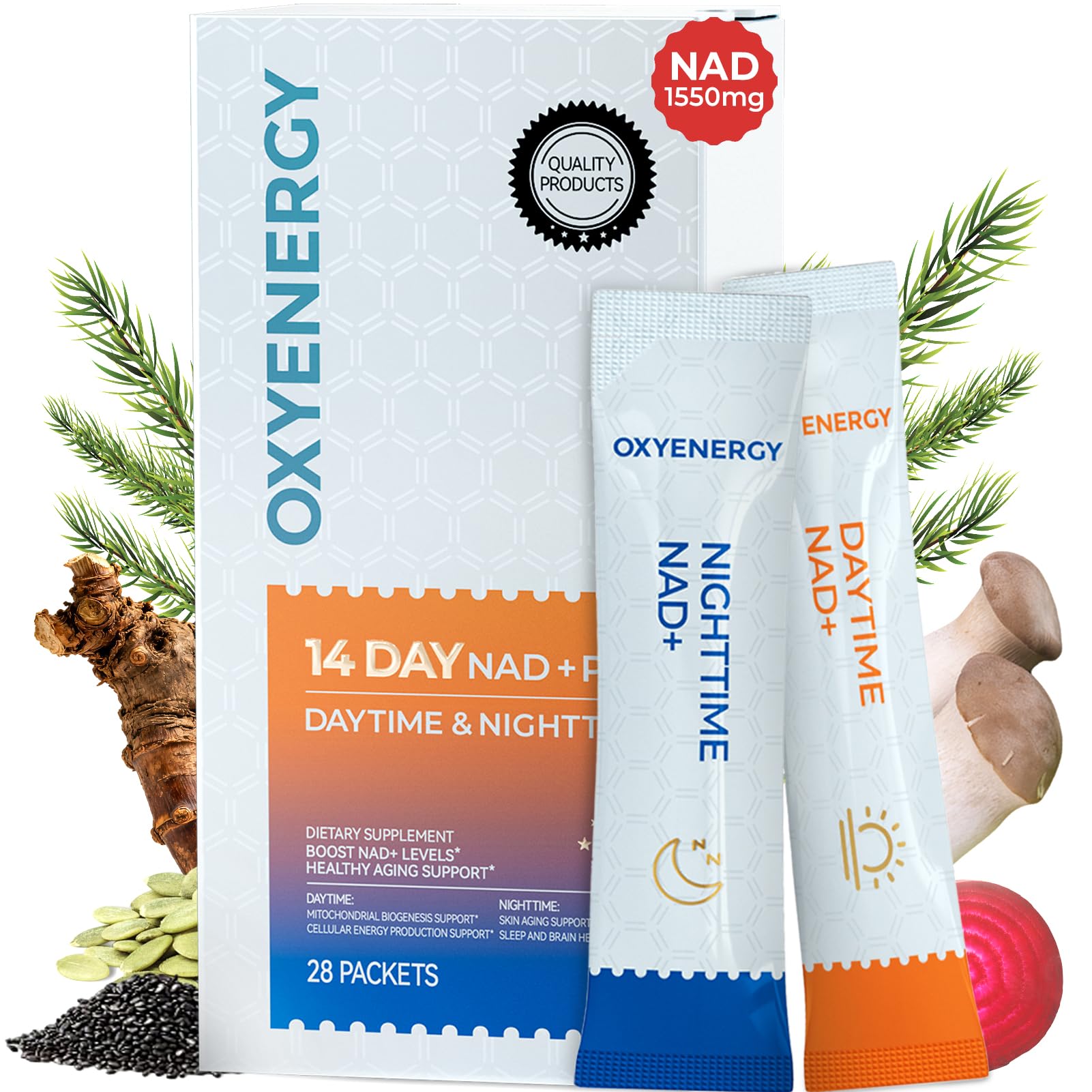 OxyEnergy NAD Supplement 1550 mg-Daytime Nicotinamide Riboside + Nighttime L-Tryptophan with Resveratrol, Glutathione, PQQ, 24-Hour Nonstop Energy, Anti-Aging & Cellular Renewal, 28 Packets : Health & Household