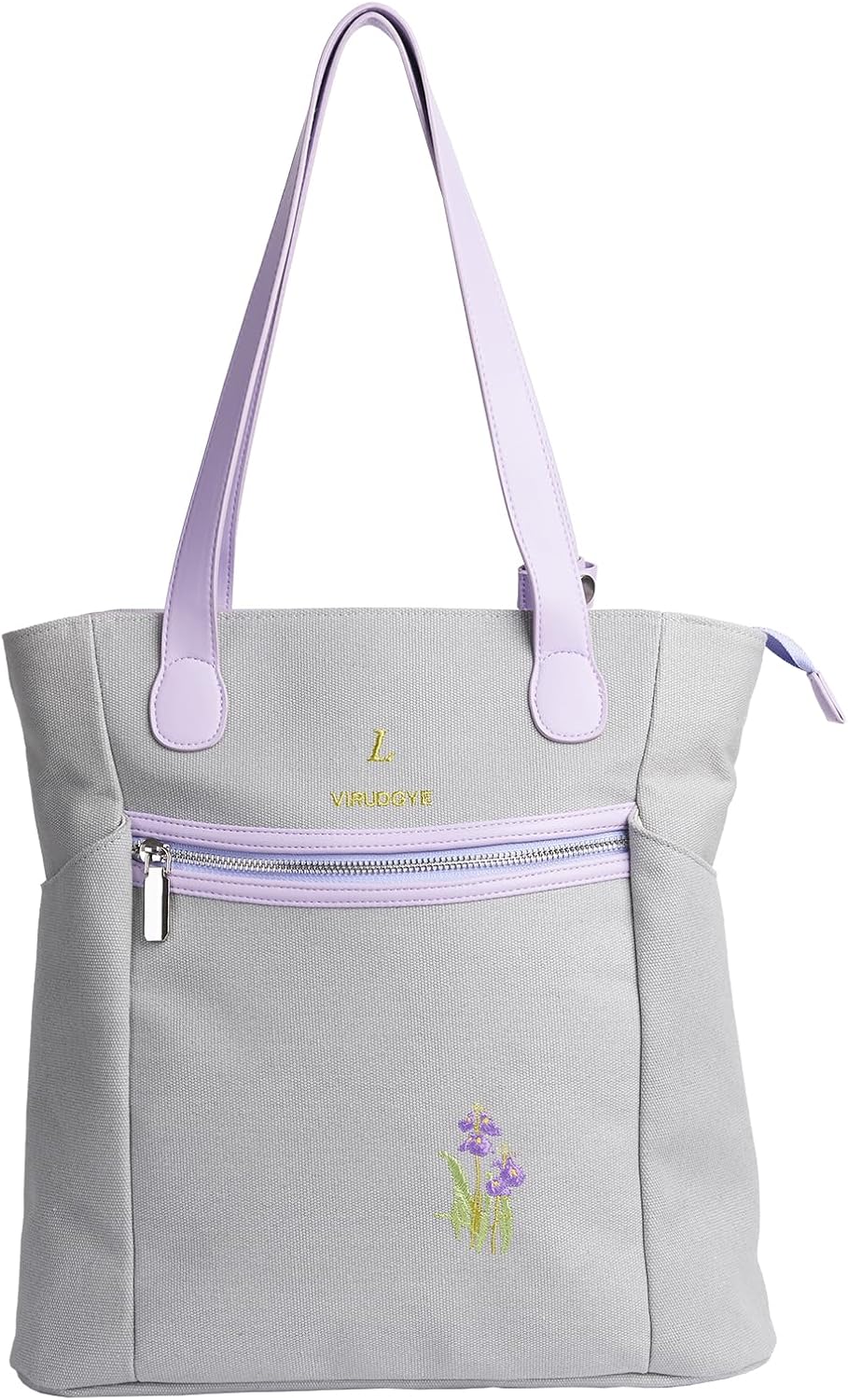 Women's Canvas Tote Bag, 13.7" Handbag with Elegant Embroidery, Metal Zipper & Faux Leather Quick-Snap Handles