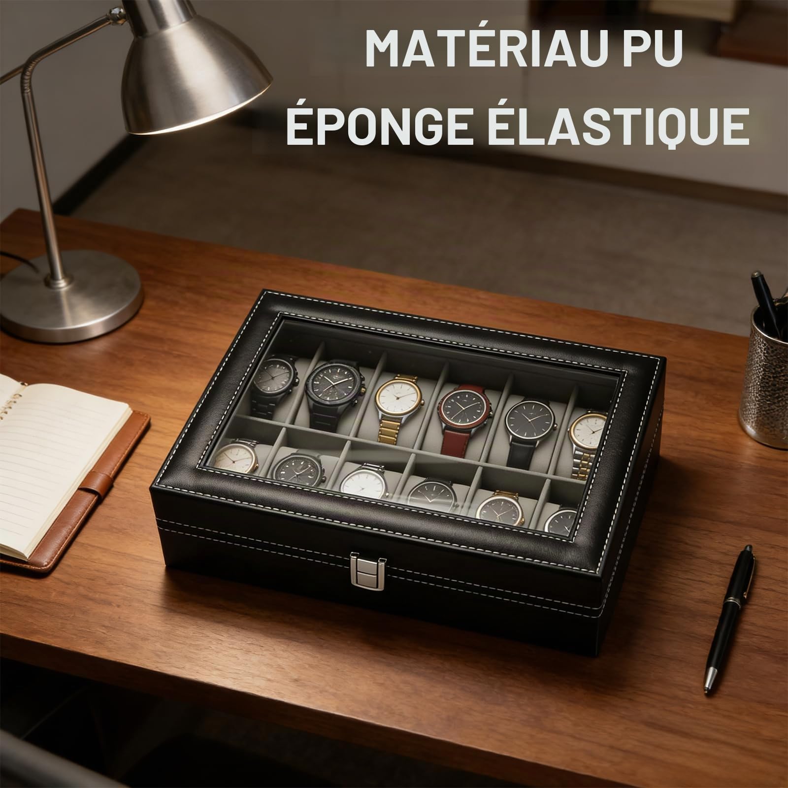 Boîte à Montres 12 Emplacements - Coffret à Montres en PU avec Doublure Détachable en Velours pour Rangement Montre et Cadeaux Anniversaire Noël
