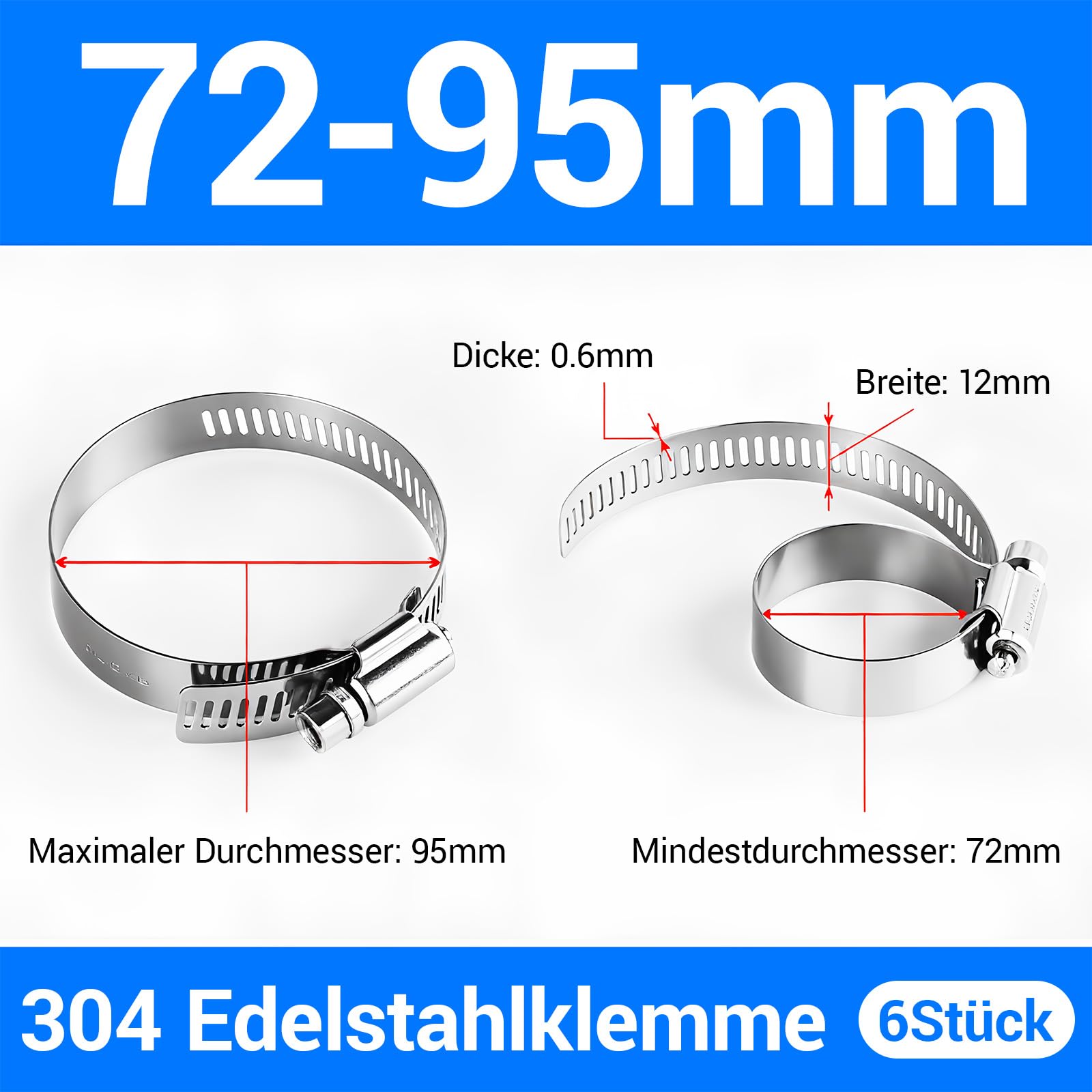 6 Stück Schlauchschellen verstellbar 72 – 95 mm, Schlauchschelle aus Edelstahl, Schraubschellen mit Metallschrauben, Bolzen, Schlauchschellen für Benzinschläuche, Diesel, Pool