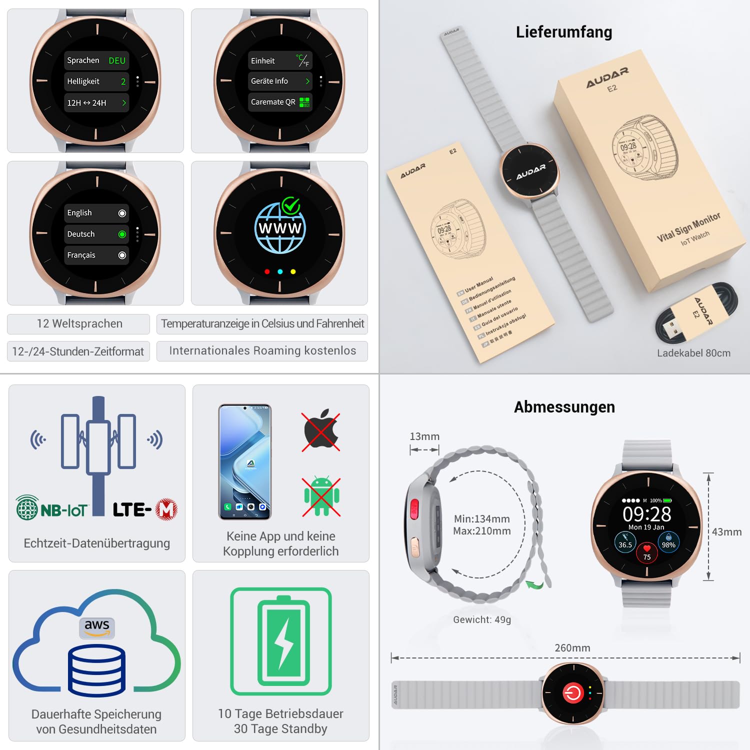 Audar E2 Senioren Smartwatch mit Sturzerkennung&SOS, 24/7-Überwachung von Herzfrequenz/Blutdruck/SpO₂/Temperatur, IoT-KI-basierten Berichten&Verläufen Cloud-Plattform, kein Smartphone/App erforderlich