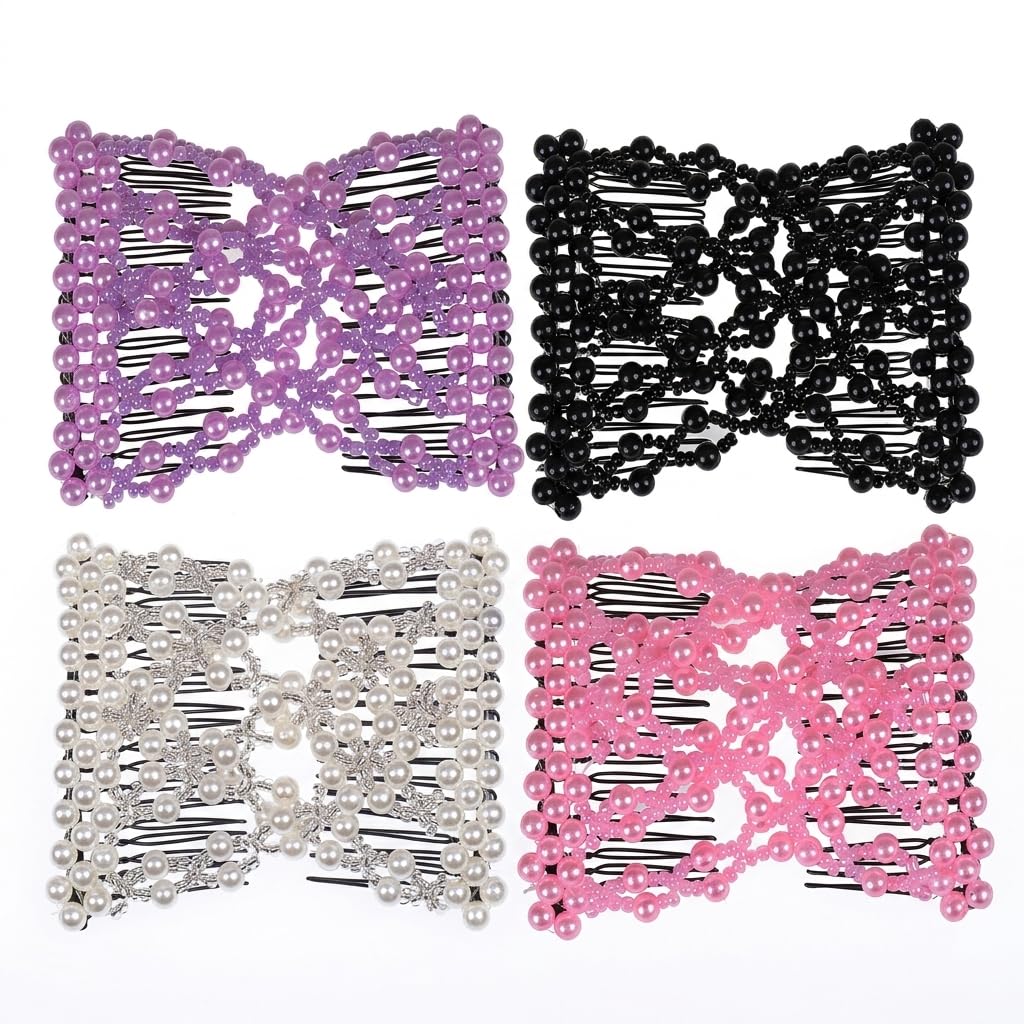 LOVEF Crystal Bow Elastic Double Combs with Plastic Flowers Hair Clips, Hair Holder/Easy Comb 4pcs