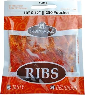 ReadyFresh 1/2 Rack Rib Pouch 2.6Mil, 10" X 12" & 250 Pouches | Microwave-Safe Anti-Fog PET/PE Material, Resealable & Freezer-Safe Grab-N-Go Packaging with Carry Handle & Ideal for Pre-Cooked Rib