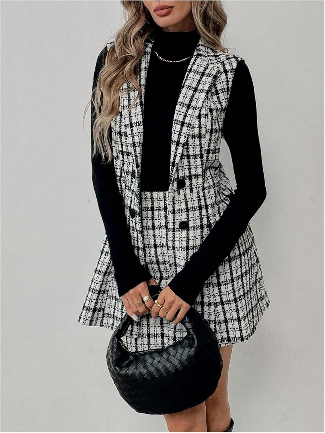 Floerns Women's 2 Piece Outfit Workwear Plaid Print Lapel Neck Vest Blazer and Skirt Set - Image 2