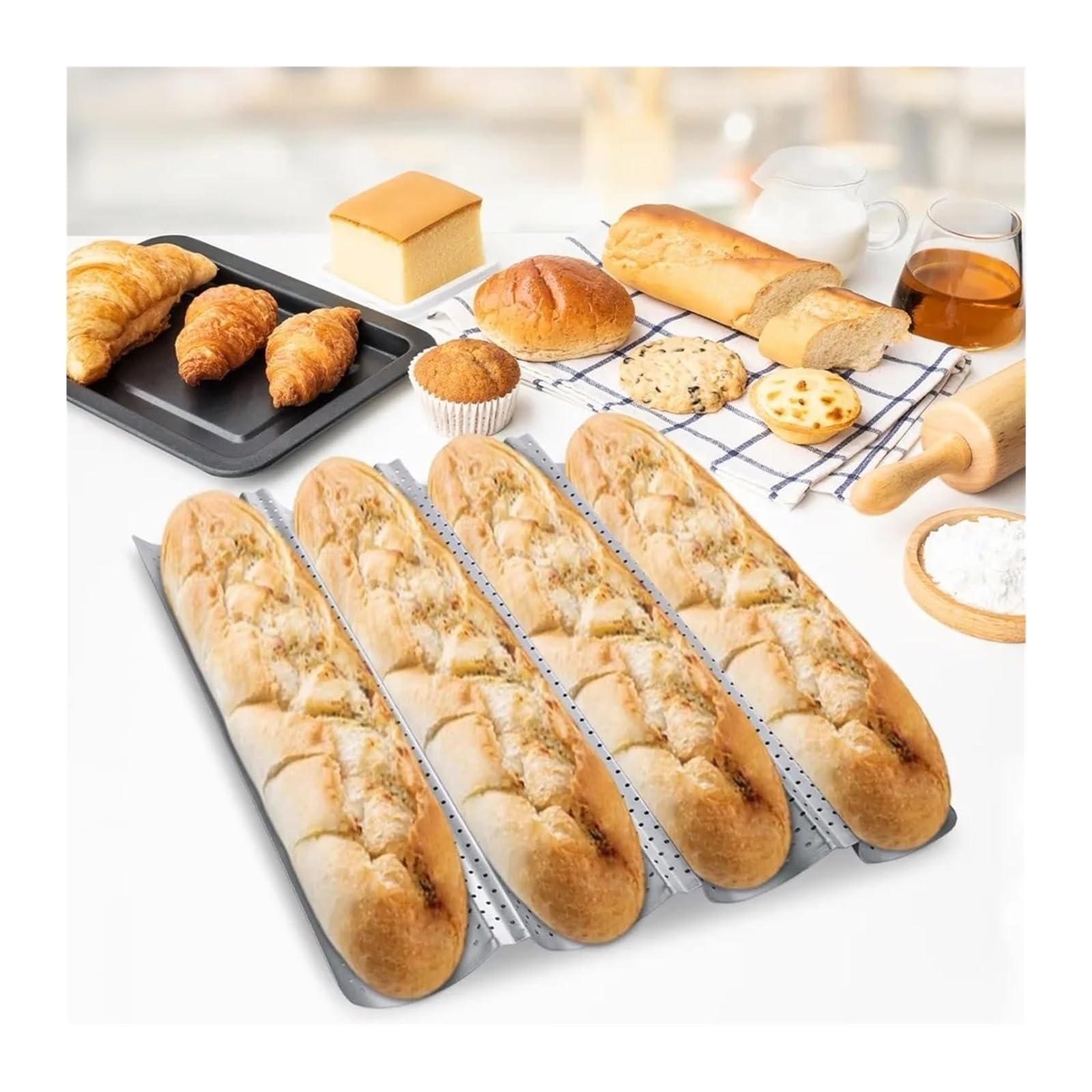 Molde para baguette, bandeja perforada 4 panes antiadherente | Herramienta de repostería de acero al carbono para pan francés
