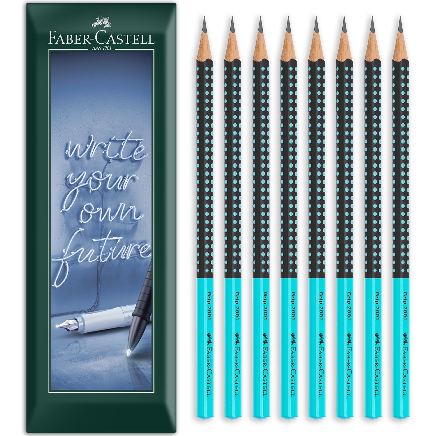 Faber-Castell Grip 2001 Two-Tone Triangular Graphite Pencil - HB Lead Grade - Envelope Gift Pack of 8 Pencils (Black/Turquoise)