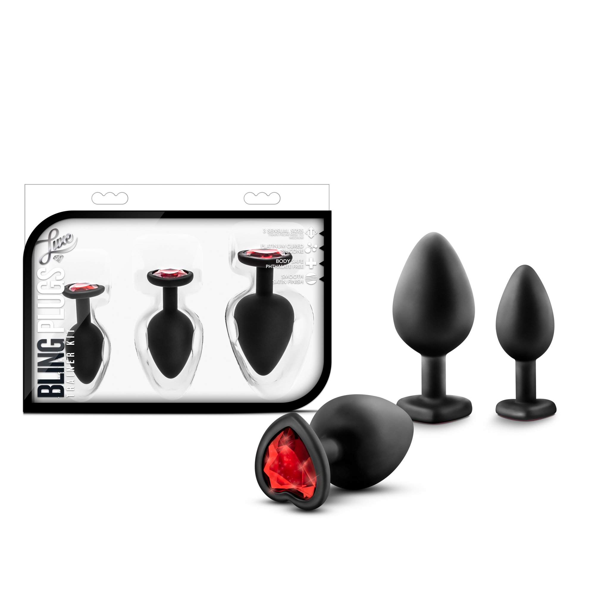 Amazon.com: Blush Luxe Bling Silicone Anal Training Plug Kit, 3-Pc Set -  Heart-Shaped Base & Red Gem - S, M, L Size Bum Plug