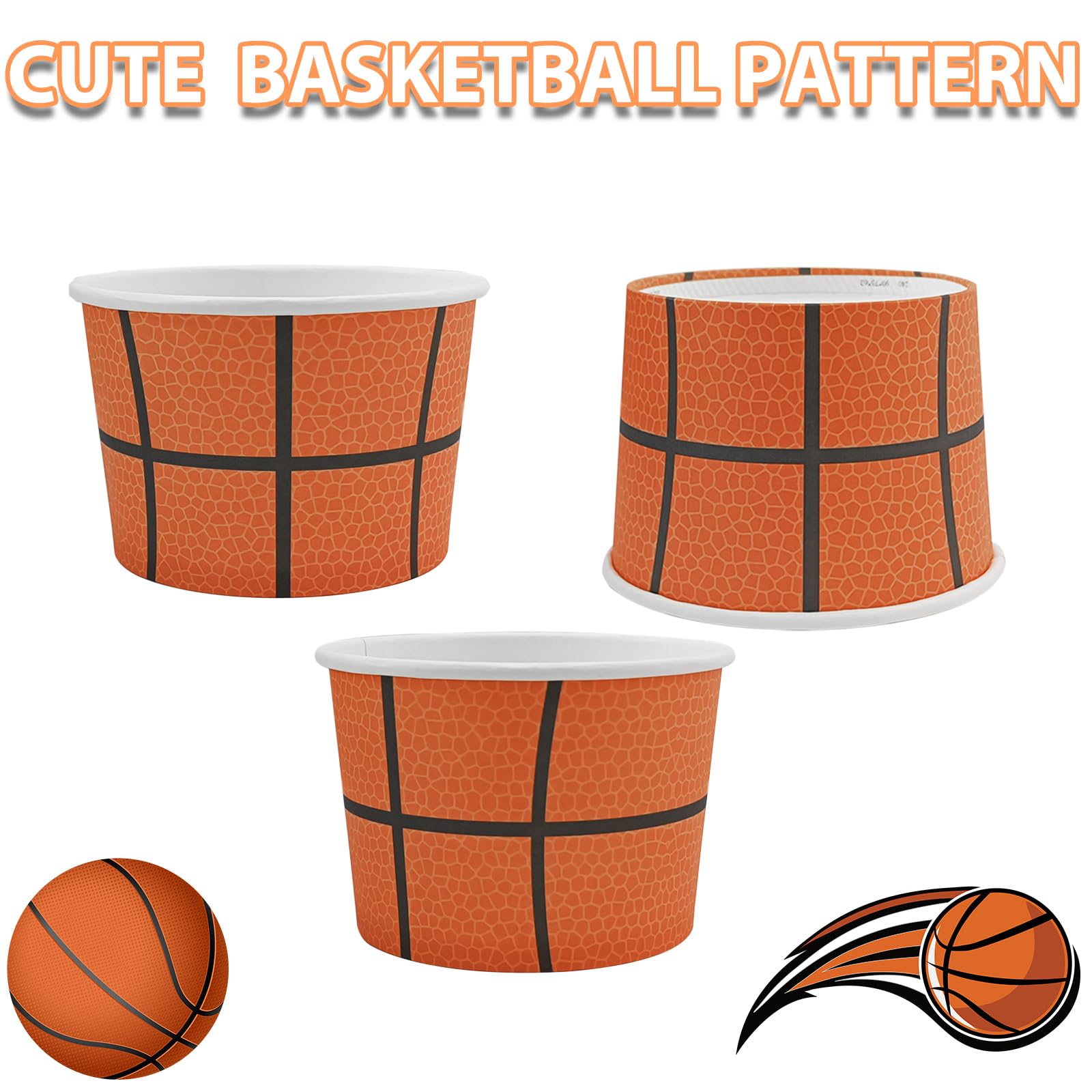 EaciTown 50 Pcs Basketball Paper Ice Cream Cups Basketball Party Treat Snacks Bowls Cute Basketball Birthday Party Supplies Dessert Food Containers For Soup Yogurt, 9 OZ, Orange