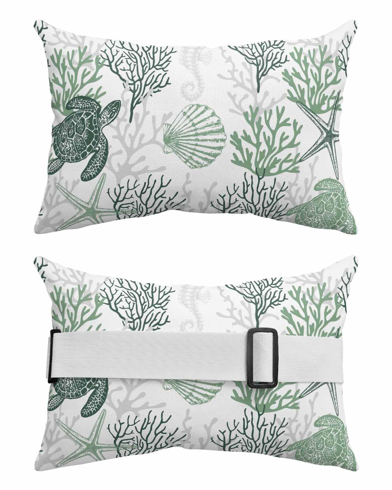 Coastal Sage Green Coral Outdoor Beach Pool Lounge Chair Head Throw Pillow Covers 12x20 With Insert And Elastic Stripe Set of 1,Lumbar Cushion Pillow Cases,Turtle Shell Jellyfish Seahorse White Grey
