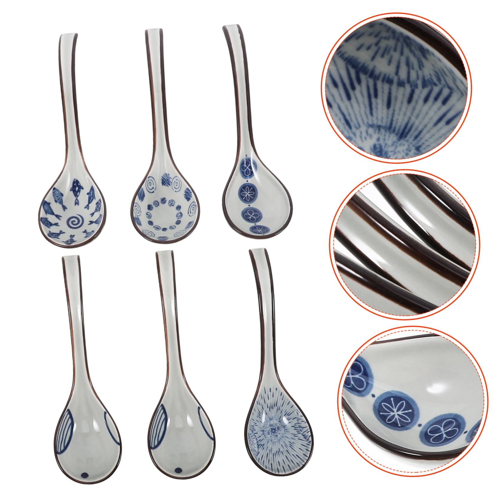 MAGICLULU Keramik Asiatische Suppenlöffel für Suppe und Reisgerichte Leicht zu Reinigen Klassisches Muster 6 Stück