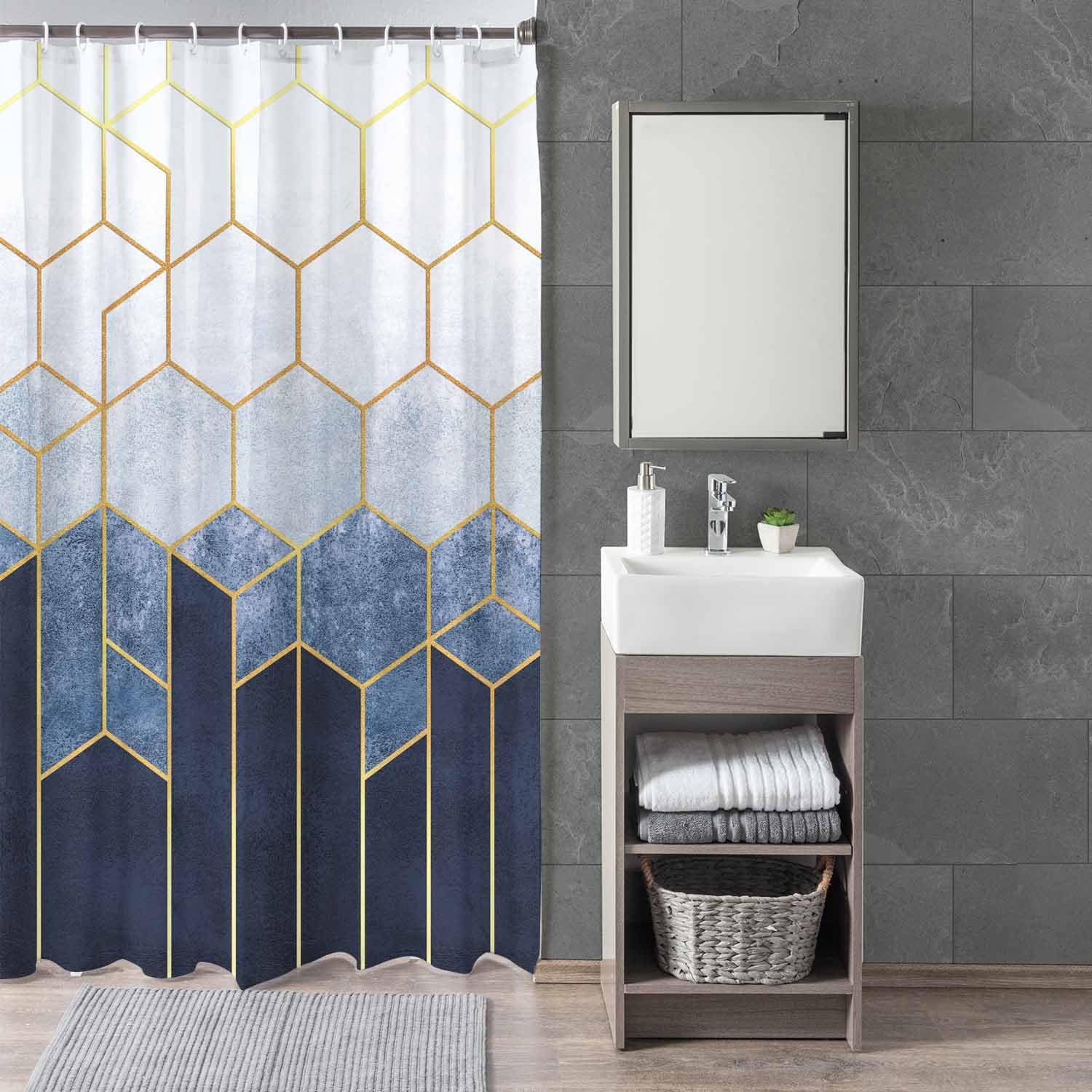 Woutay Shower Curtain Mould Proof Resistant Blue Hexagons Geometric Pattern,Water Repellant Fabric,Polyester,with 12 Plastic Hooks,Size 180x180CM - Image 3