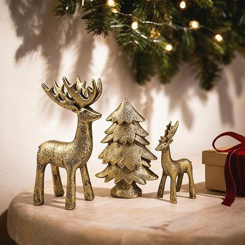 Miniatura 6 de Juego de 3 figuras de reno y árbol de Navidad, decoraciones navideñas de resina dorada con acabado metálico mate, elegante decoración de estatua de