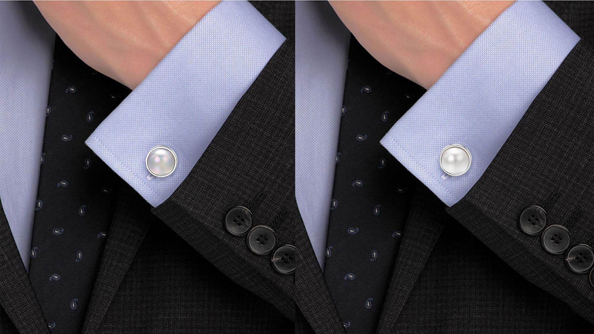 Mancuernillas de plata con perla para hombre miniatura 7