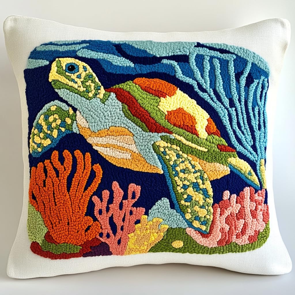 DIY Punch Needle Pillow Kit Green Sea Turtle and Corals with Pattern and Hoop Handmade Embroidery Punch Needle Starter Pillowcase Set for Home Sofa Decor 43x43cm-1-16