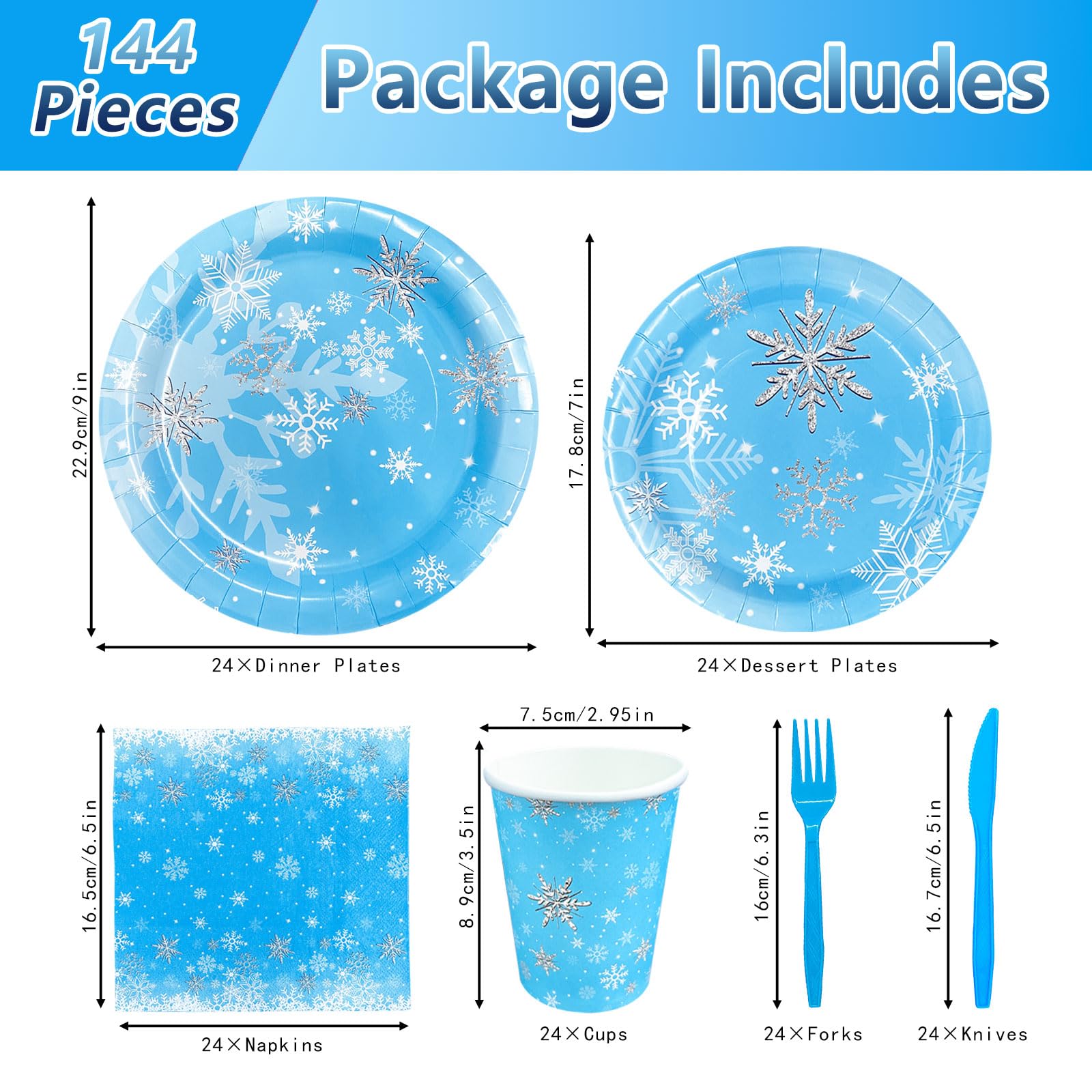 144PCS Snowflake Birthday Party Supplies Frozen Birthday Party Supplies Winter Wonderland Party Decorations Snowflake Christmas Party Tableware Set Snowflake Plates Napkins Cups Forks Knives Serve 24