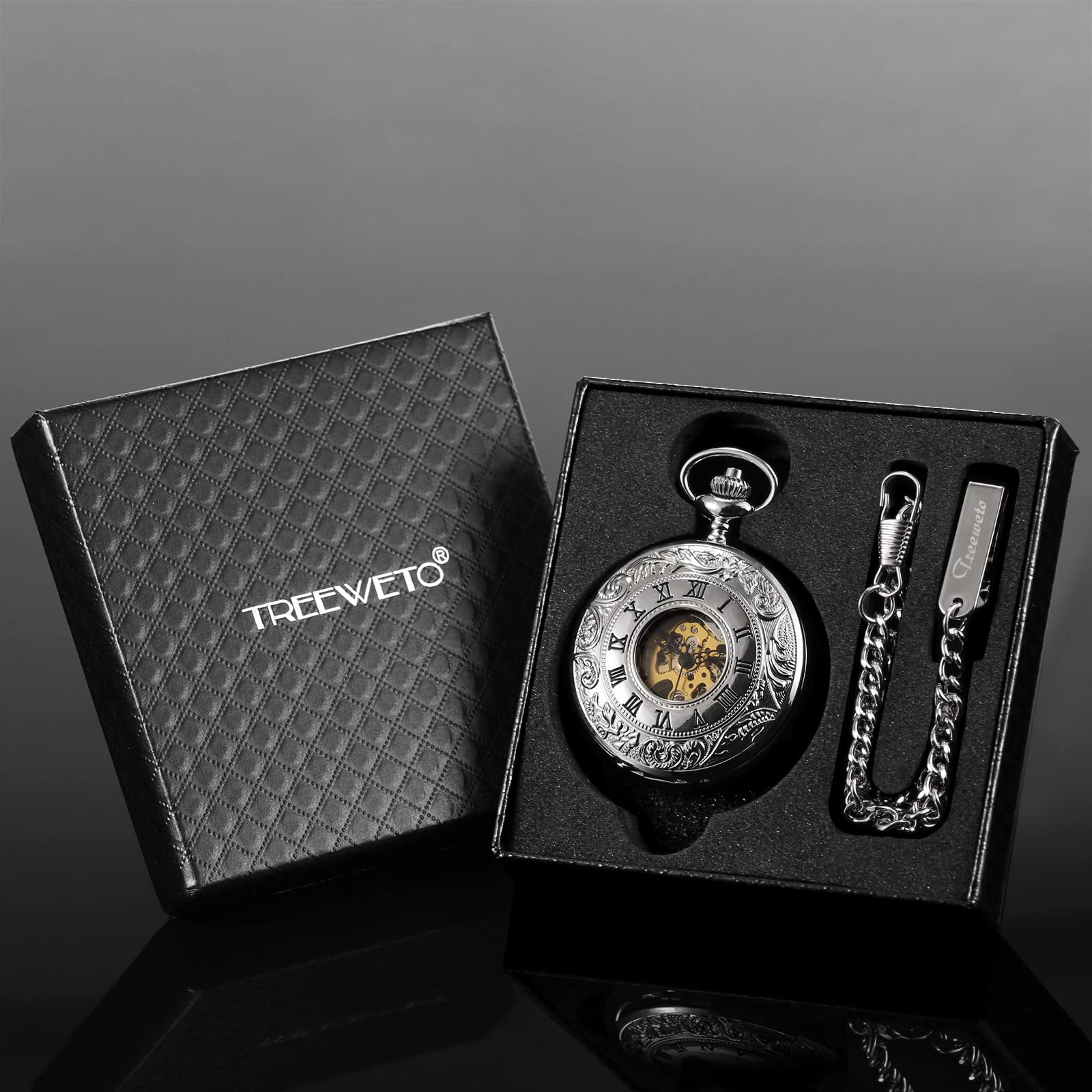 TREEWETO Antique Mens Pocket Watch Skeleton Mechanical Half Hunter Golden/Bronze/Silver Double Case Roman Numerals