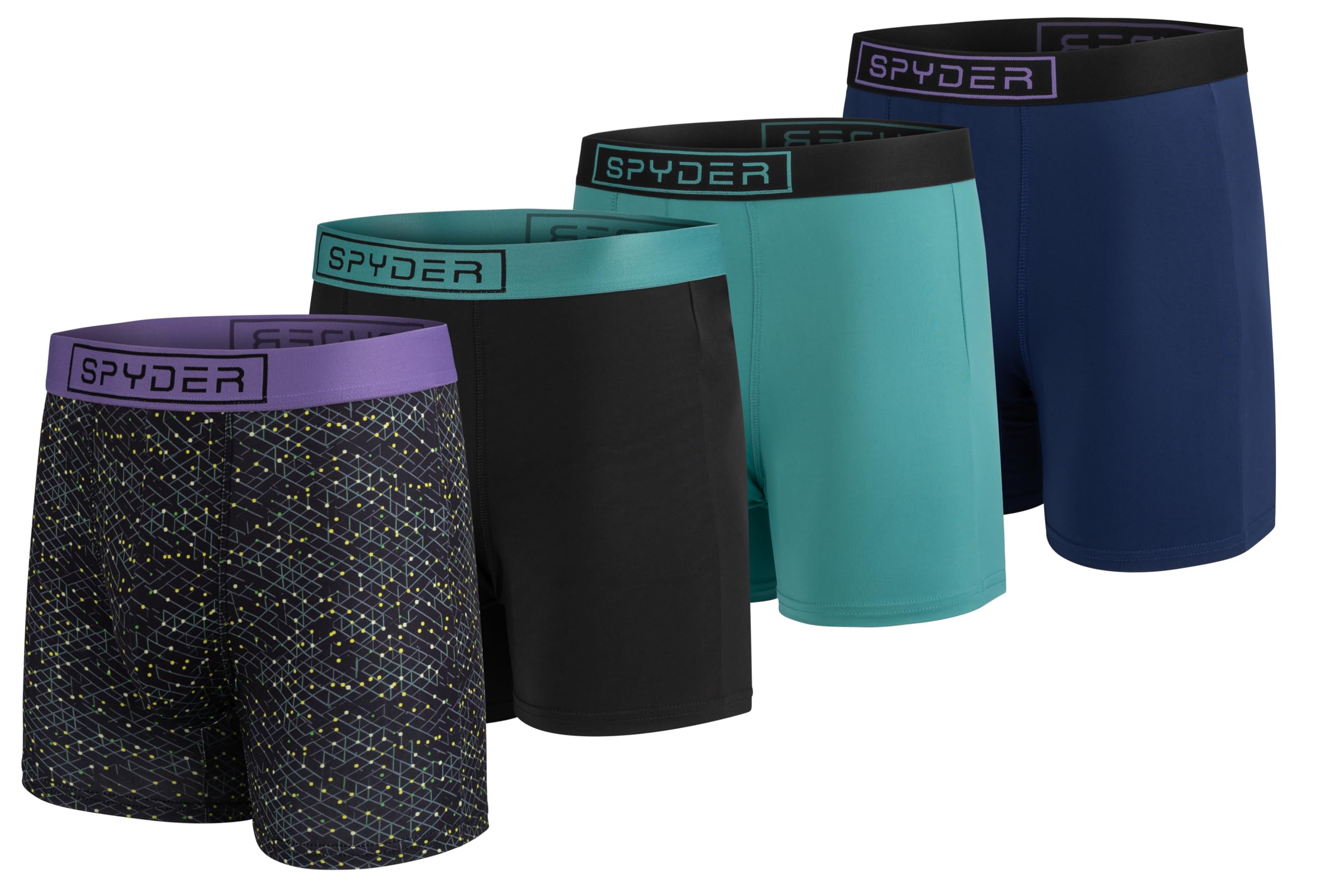 Spyder Men's Black/Black/Teal/Navy Boxer Briefs 4 Pack Poly Spandex Performance Boxer Briefs Underwear, M