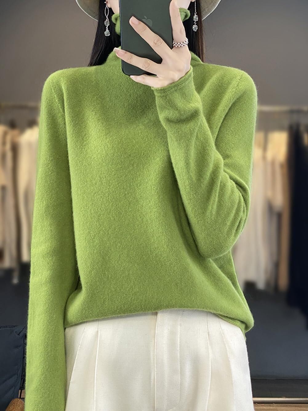 Women's Knitted Pullover Tops Fall Winter Soft Turtleneck Long Sleeve Pile Collar Warm Loose Fit Casual