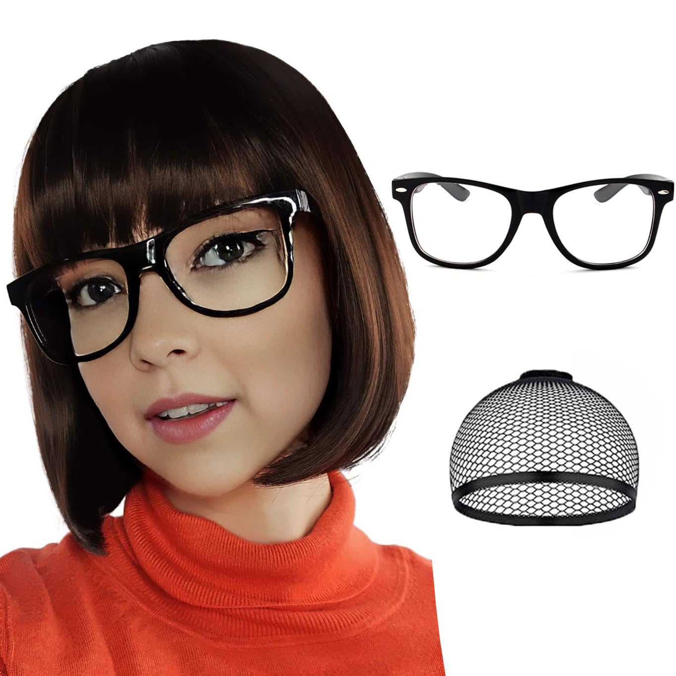 PORSMEER Brown Bob Wigs for Velma Costume Women with 1*Black Glasses Short Bob Hair Wig with Bangs Natural Cute Synthetic Colorful Wigs for Party Halloween