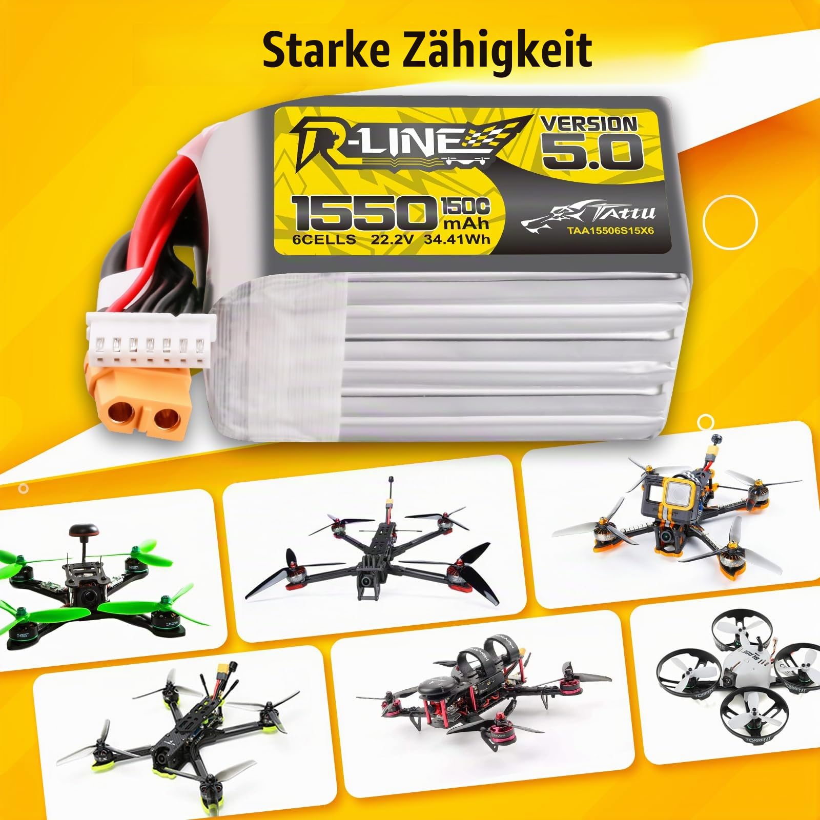 Tattu 6S LiPo Akku 1550mAh 22.2V 150C 6S Batterie mit XT60 Stecker Rline Series für Professional FPV Racing competitions